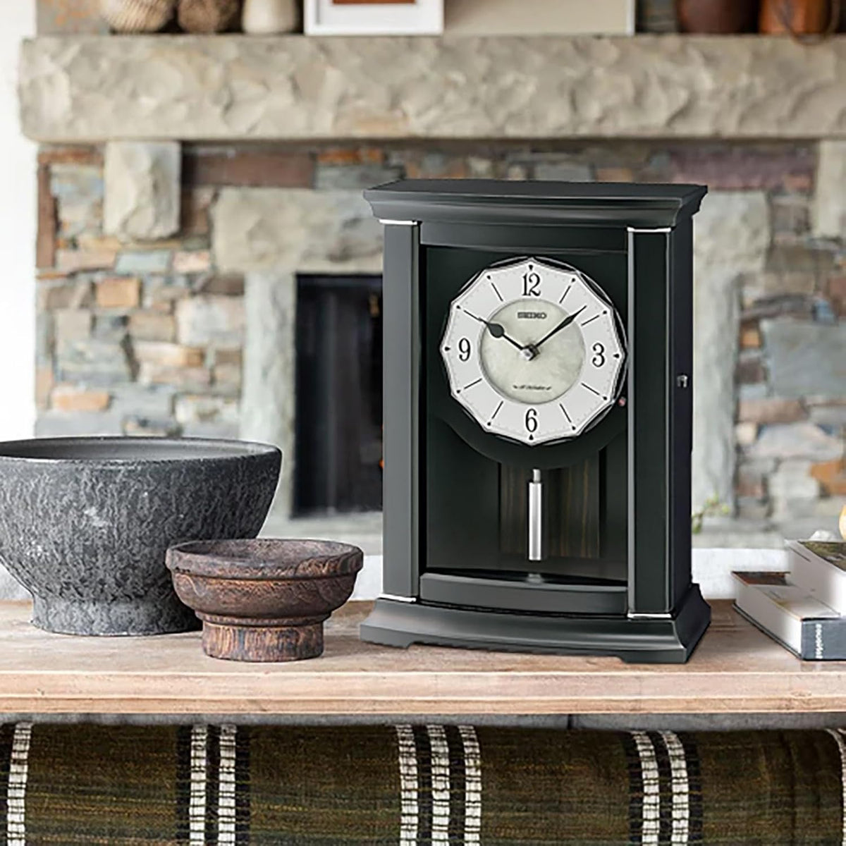 Seiko Dark Wood 18 Melodies Musical Mantel Clock QXW250KLH lifestyle shot