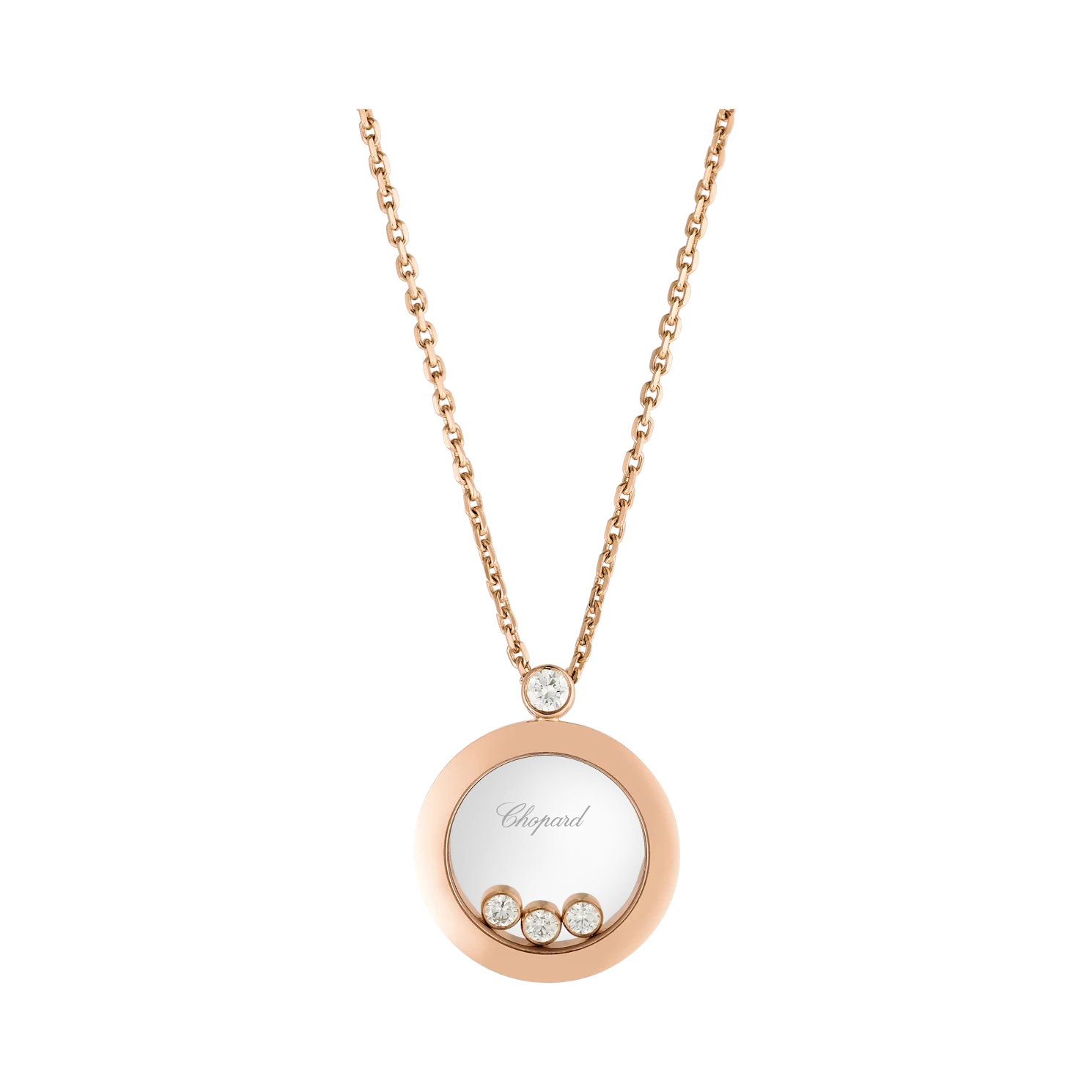 Rose gold necklace featuring a circular pendant with three dancing diamonds inside.