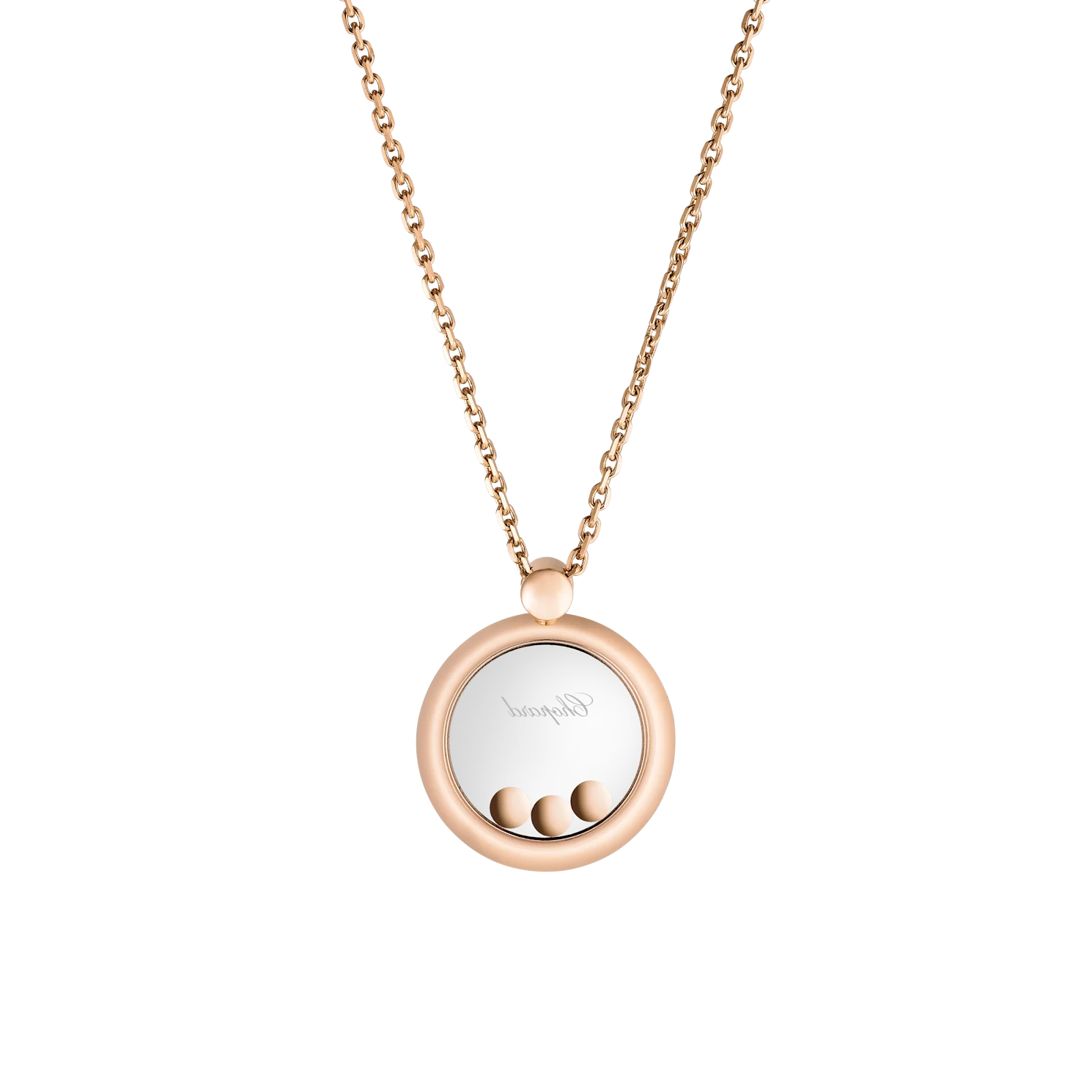 Circular rose gold pendant with floating diamonds hanging from a delicate chain.