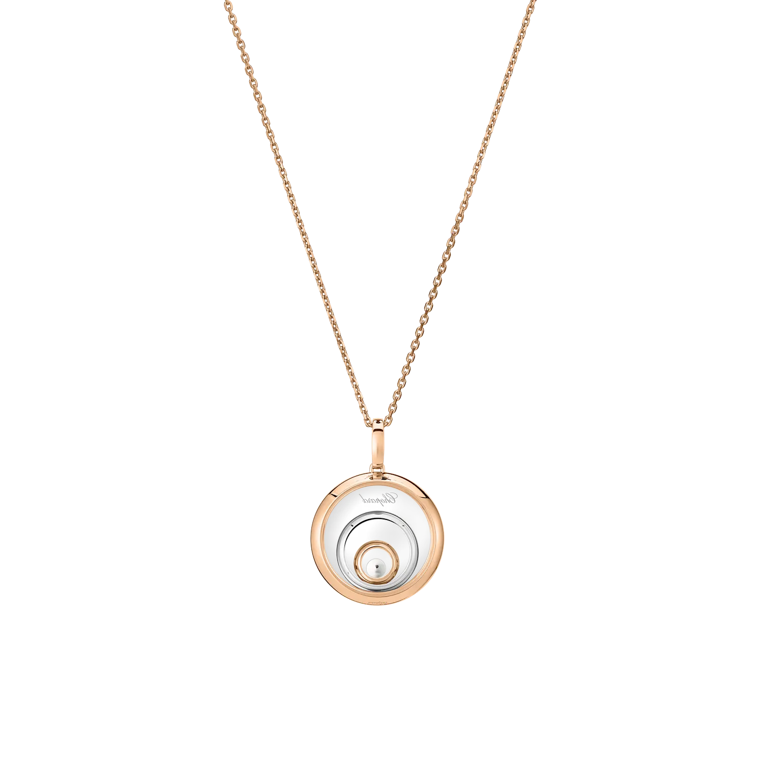 A circular gold pendant with multiple concentric rings and a centered diamond.