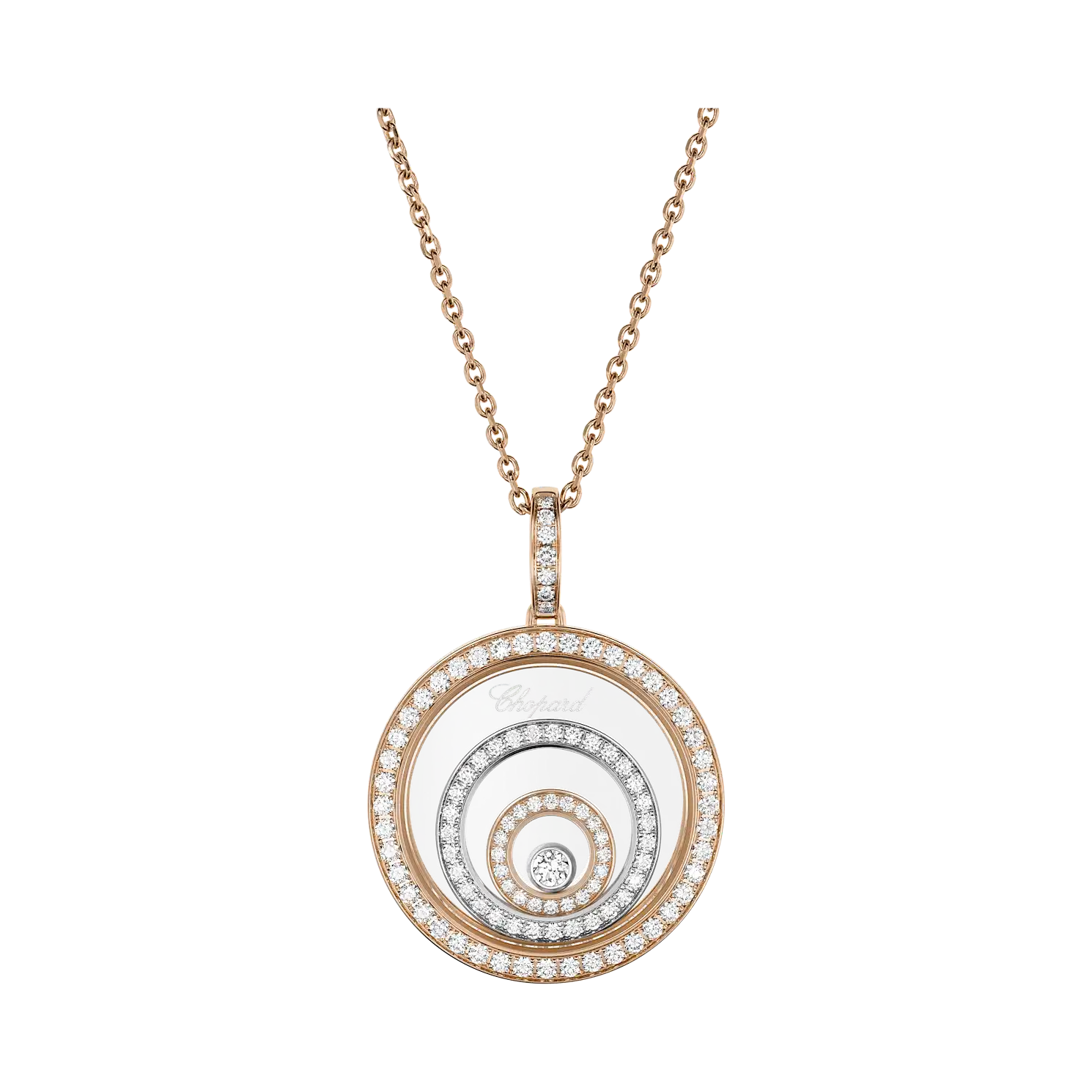 Rose gold necklace with a circular diamond-encrusted pendant and concentric rings.