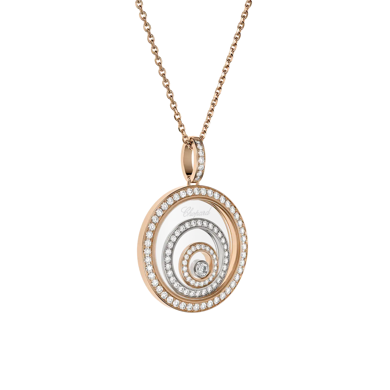 Tilted view of a luxurious gold pendant featuring multiple diamond-set layers.