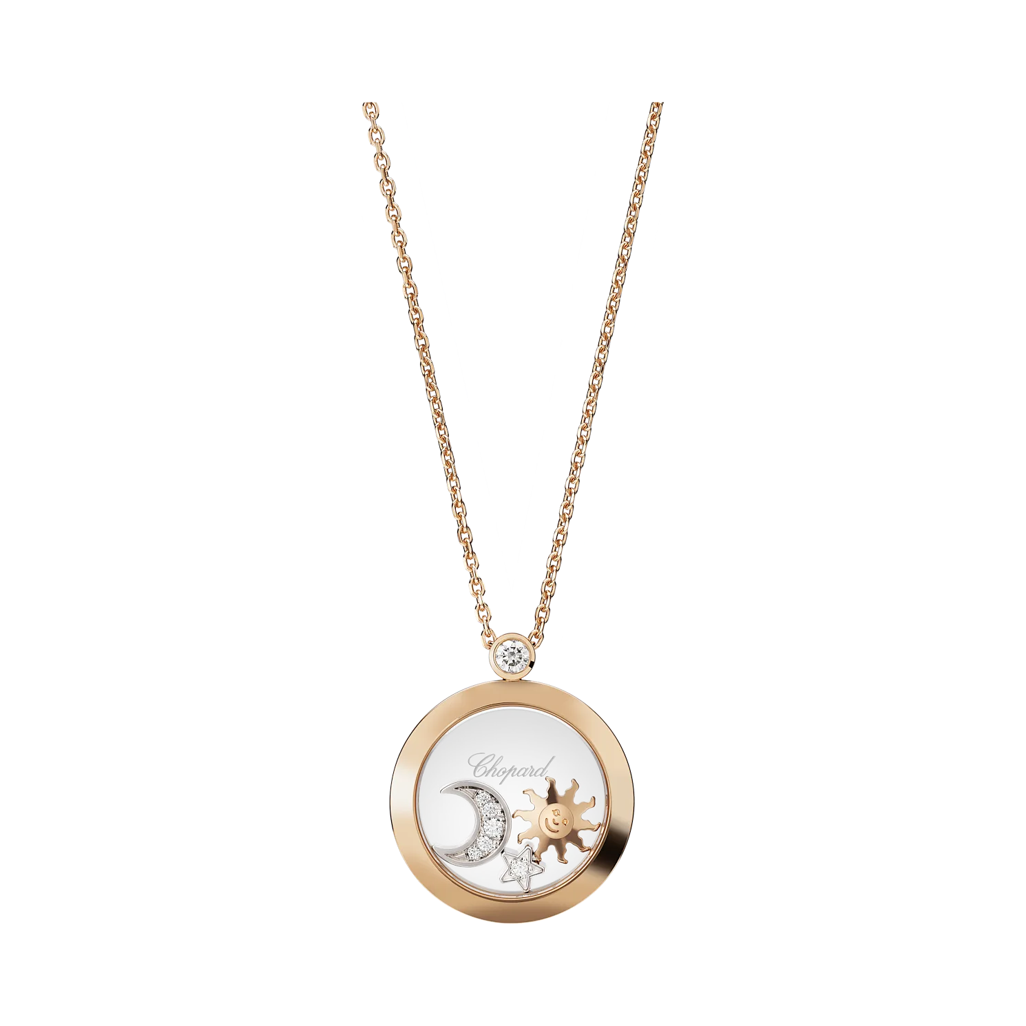 Front View of Chopard Happy Diamonds Rose Gold Pendant Happy Sun, Moon and Stars 799434-5201
