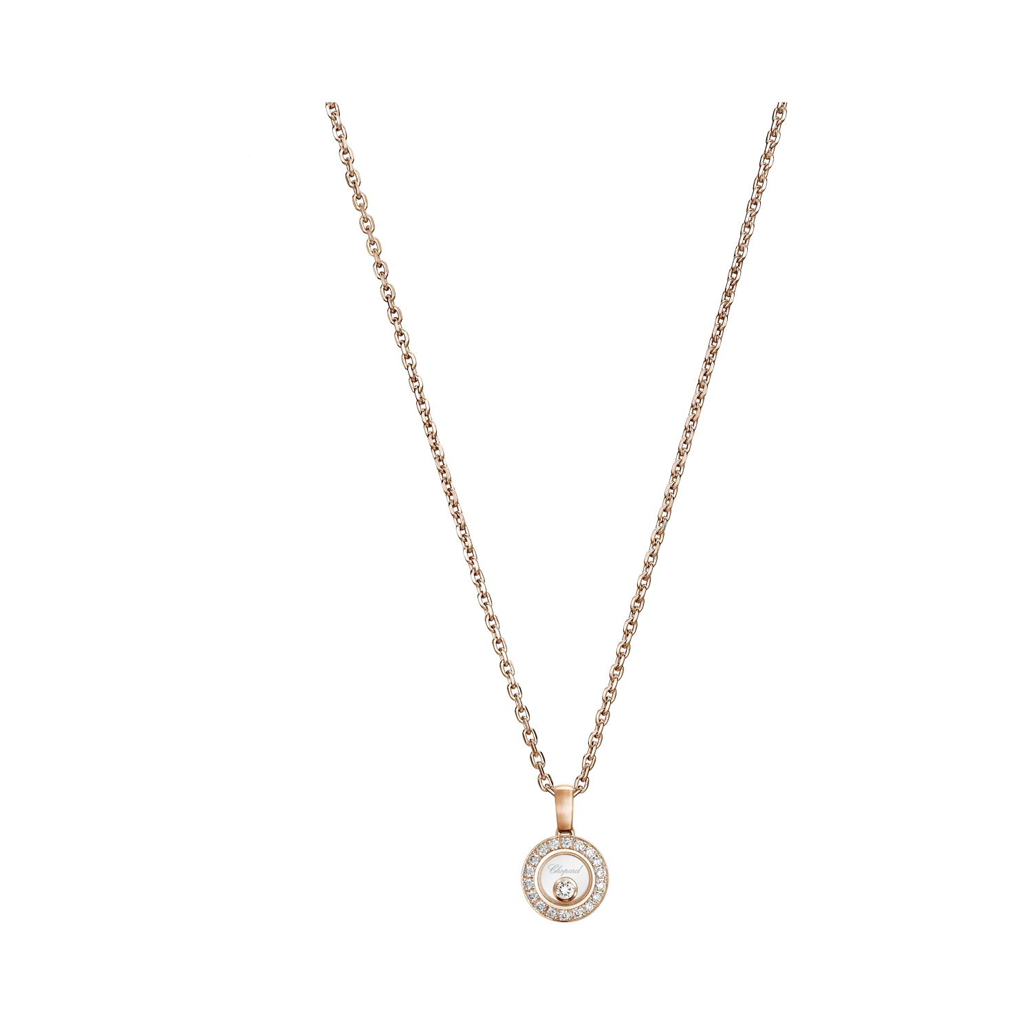 Elegant rose gold necklace with a circular pendant featuring a single diamond.