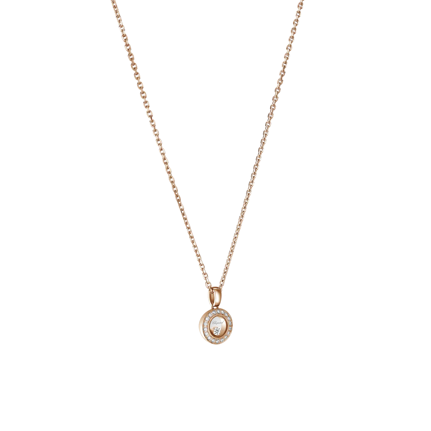 Detailed view of a gold pendant with a floating diamond on chain.
