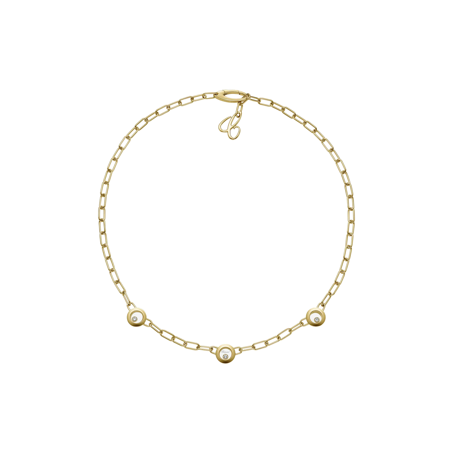 Yellow gold link necklace featuring three circular pendant stations with diamonds.