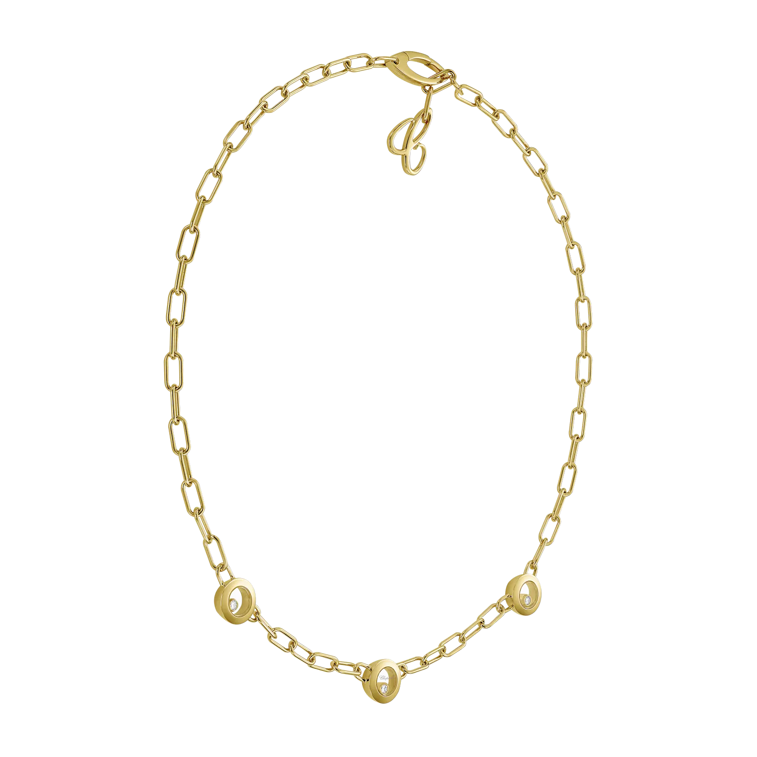 Overhead shot of a circular gold link necklace with diamond accents.