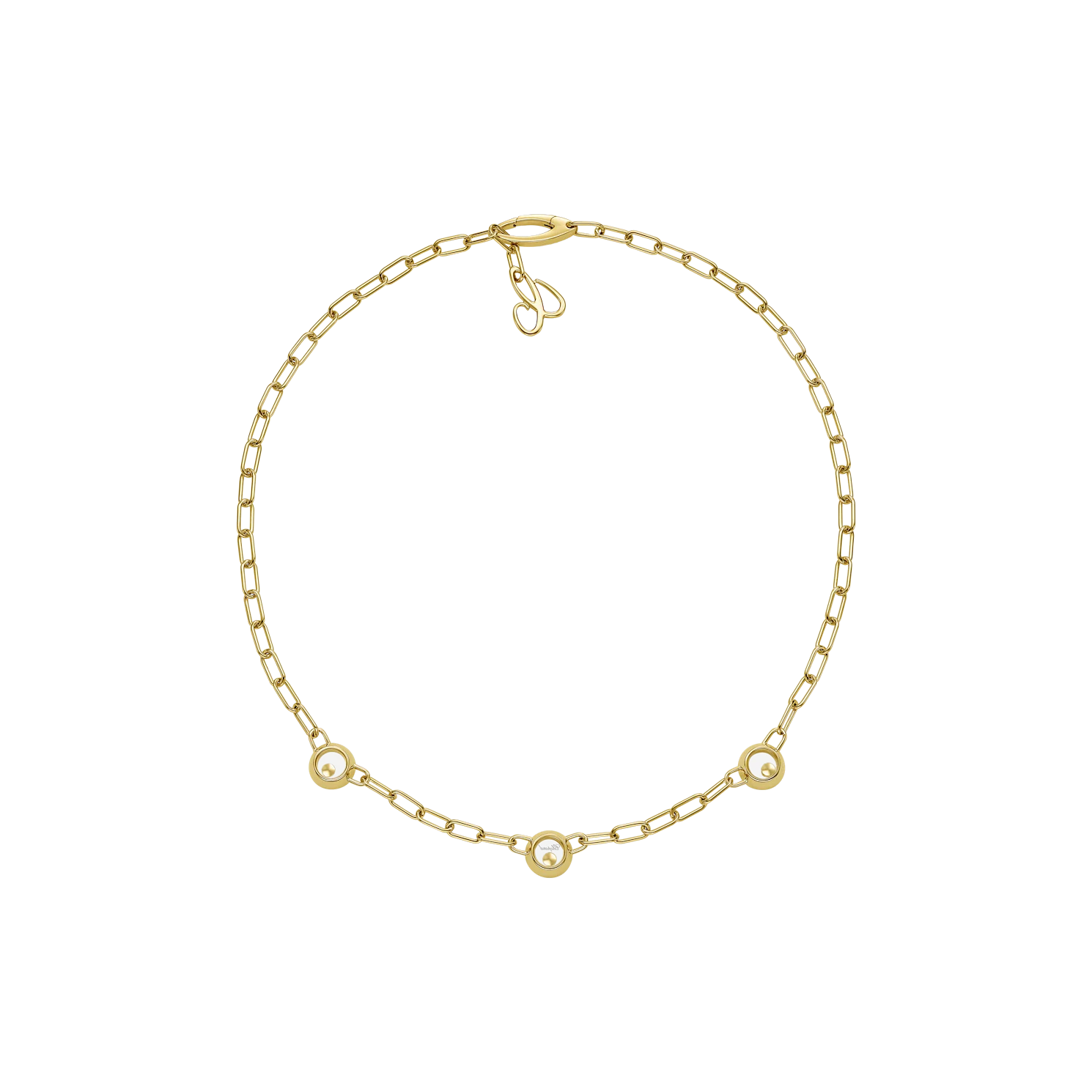 Close-up of a gold link necklace showcasing evenly spaced diamond charms.