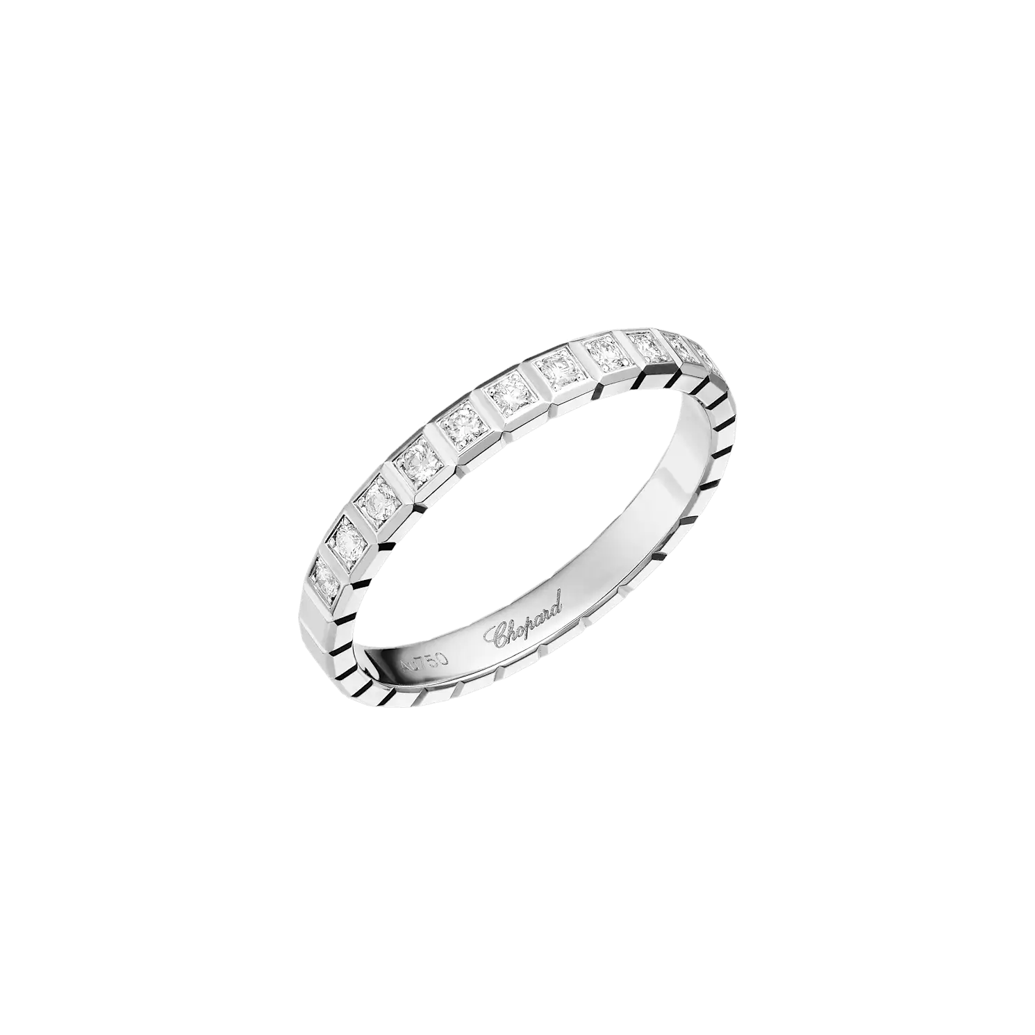 White gold ring featuring a distinctive geometric square link pattern design.