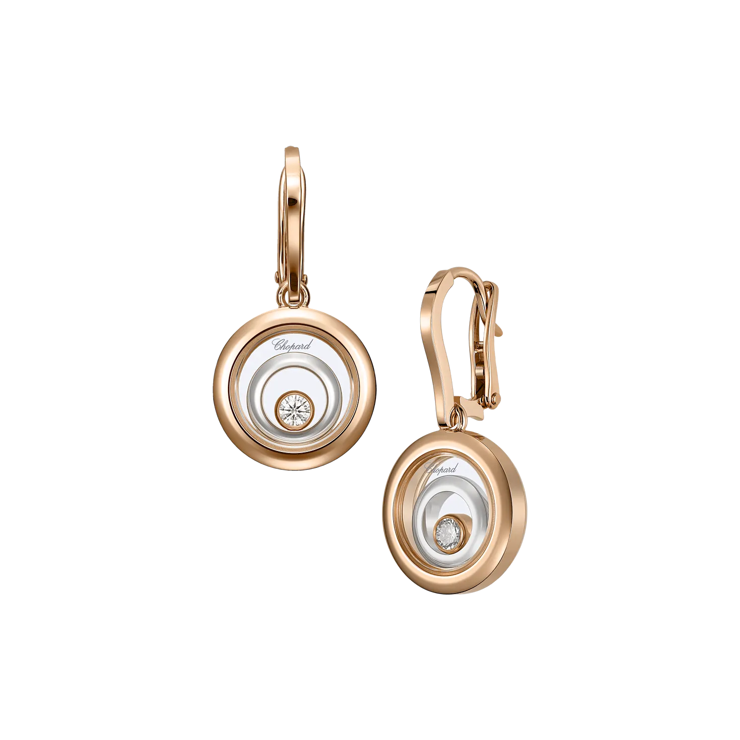 Pair of rose gold drop earrings with circular pendants and floating diamonds.