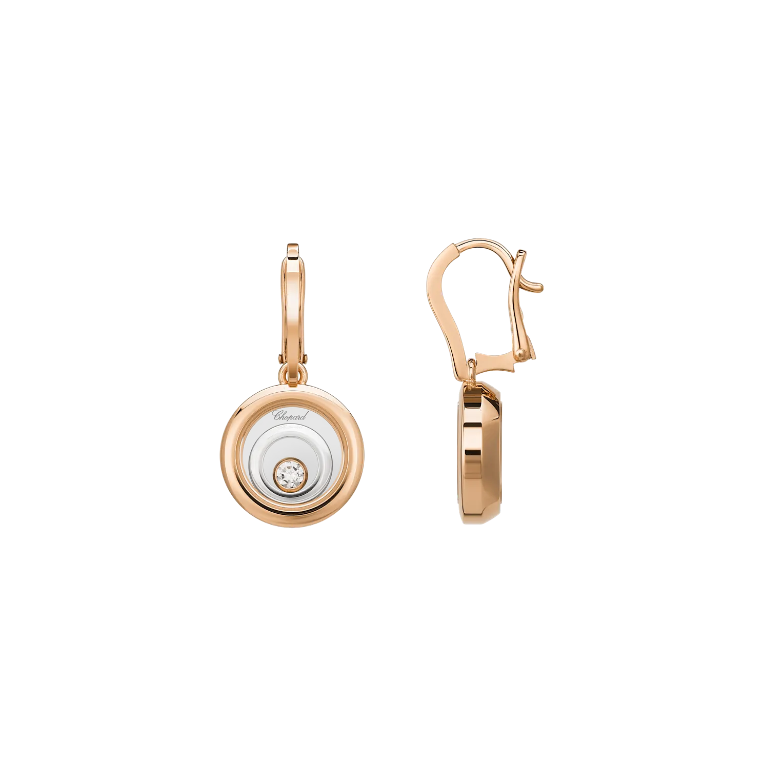 Front and profile views of a rose gold diamond pendant earring set.