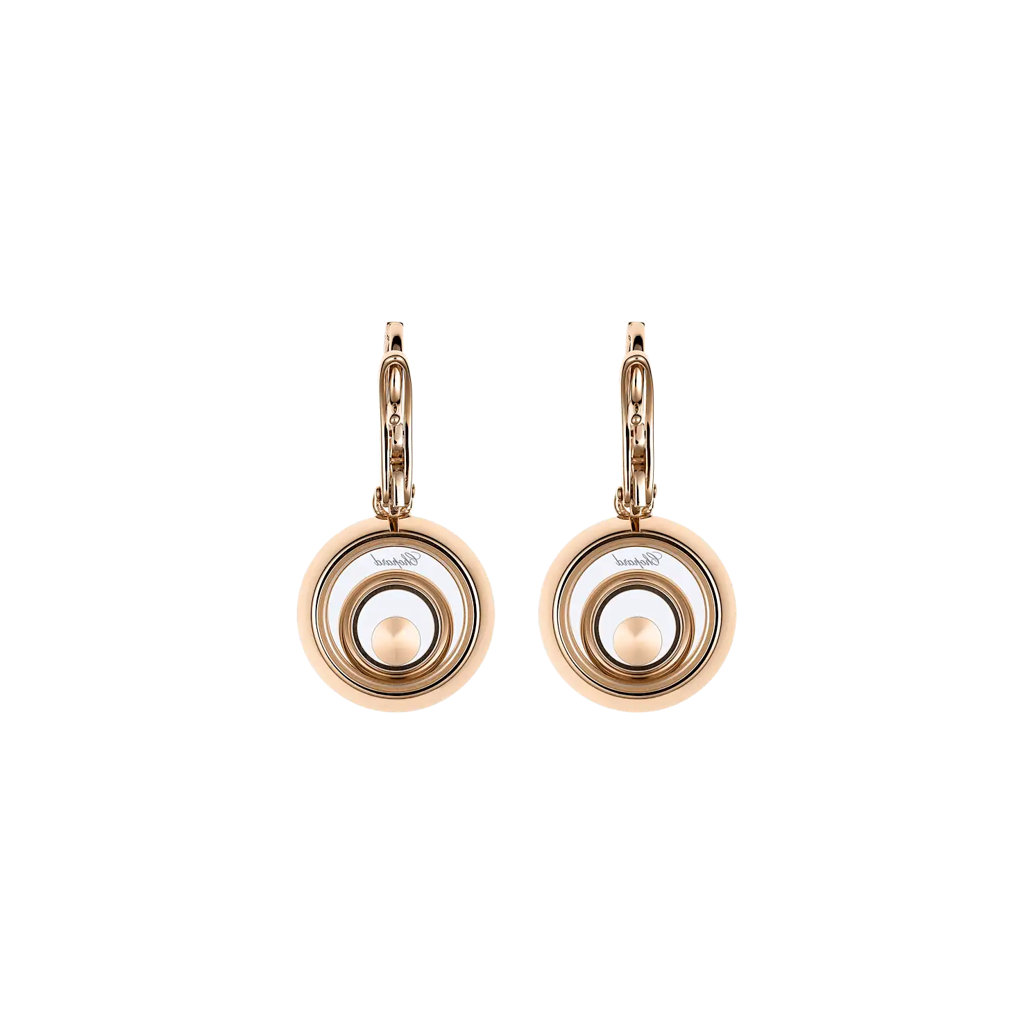 Symmetrical display of two rose gold earrings with centered diamonds on white.