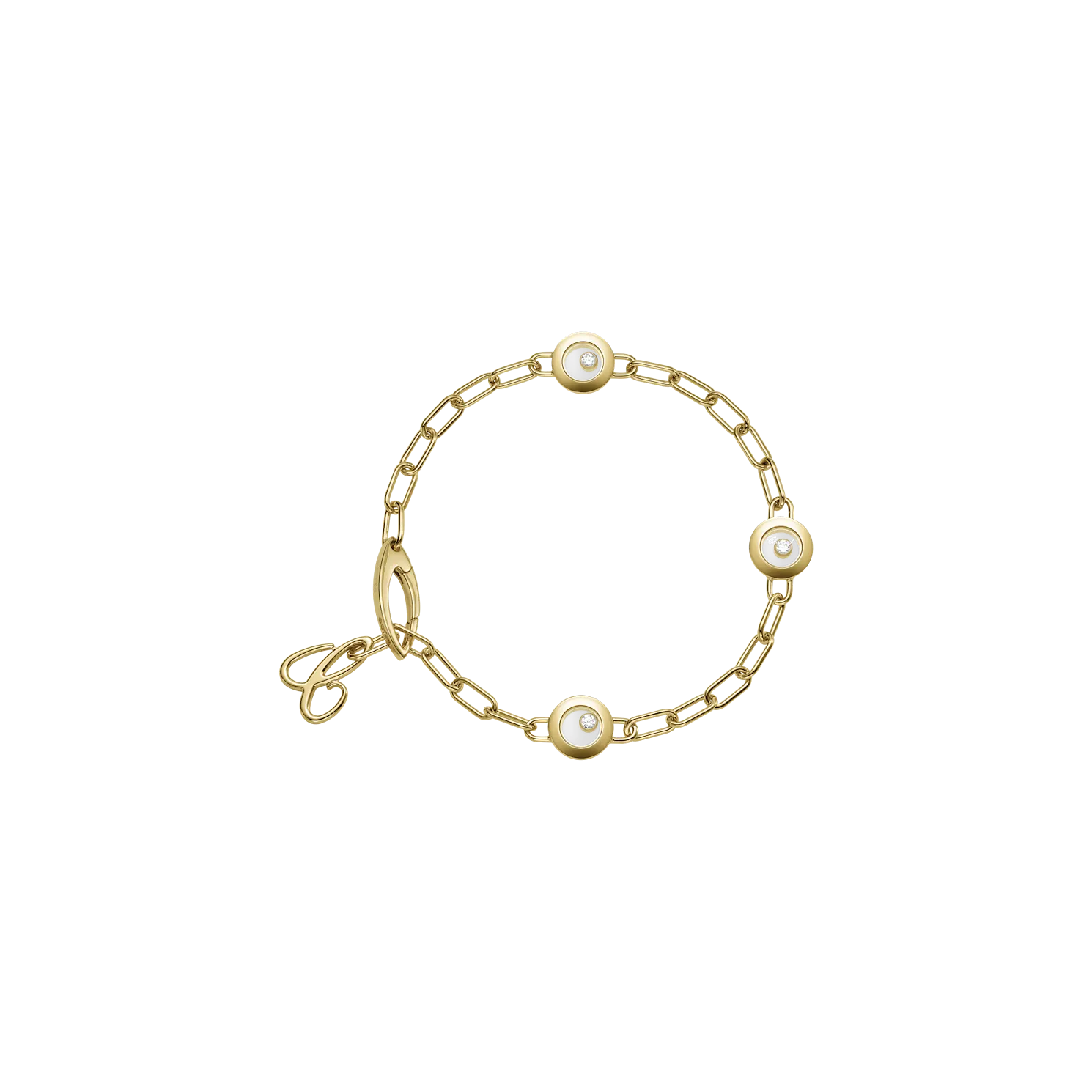 Yellow gold chain link bracelet featuring three circular diamond-accented station charms.