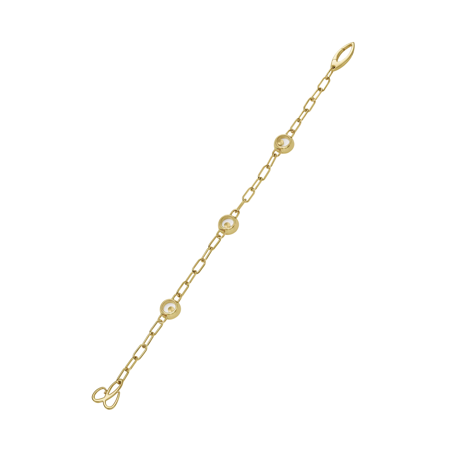 Straight yellow gold bracelet with delicate links and evenly spaced circular diamonds.