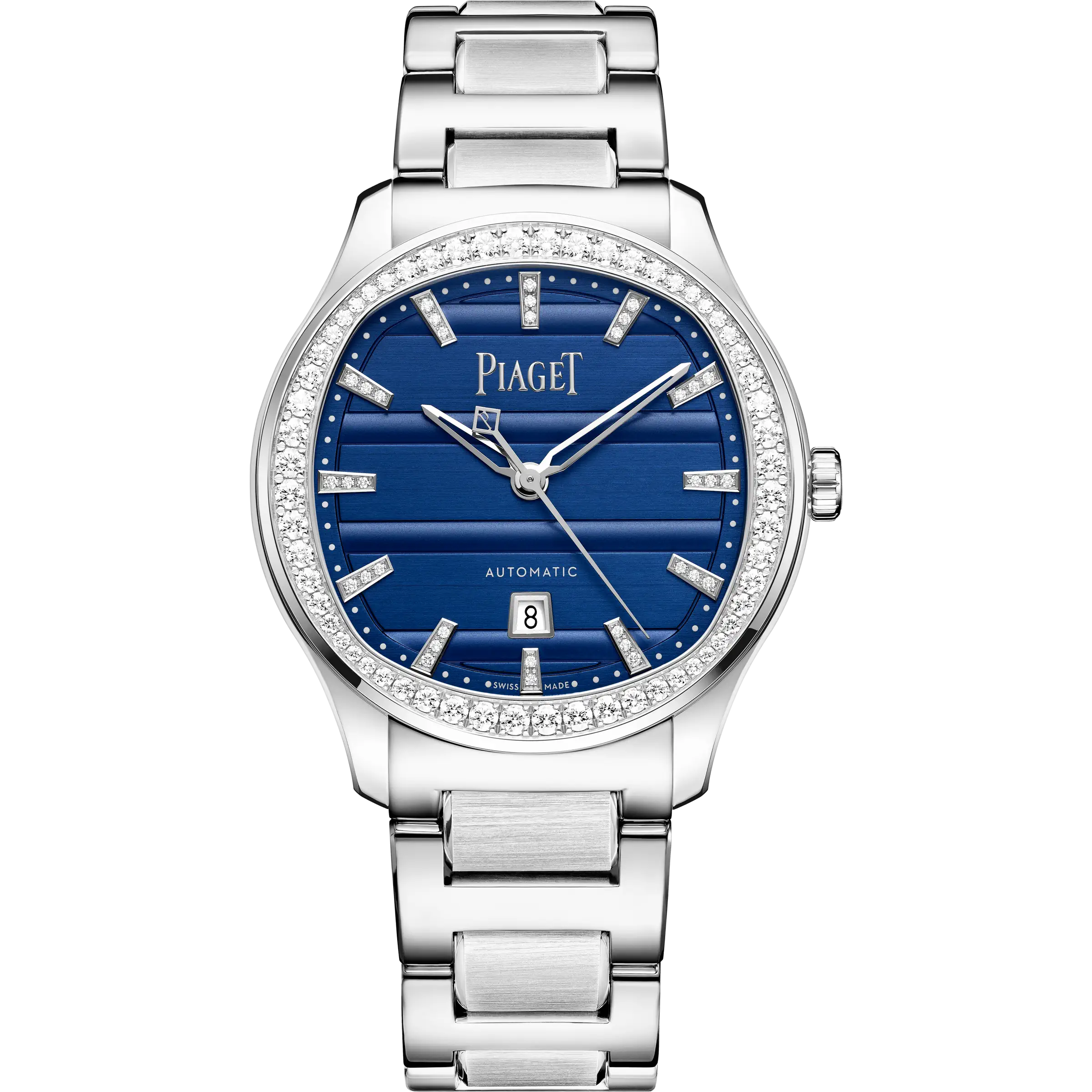 Front View Of Piaget Polo Signature Date Watch With Diamond Bezels.