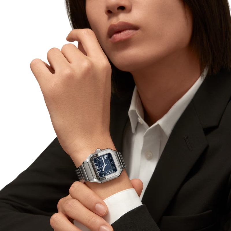 Women wearing Cartier Santos watch on their wrist.