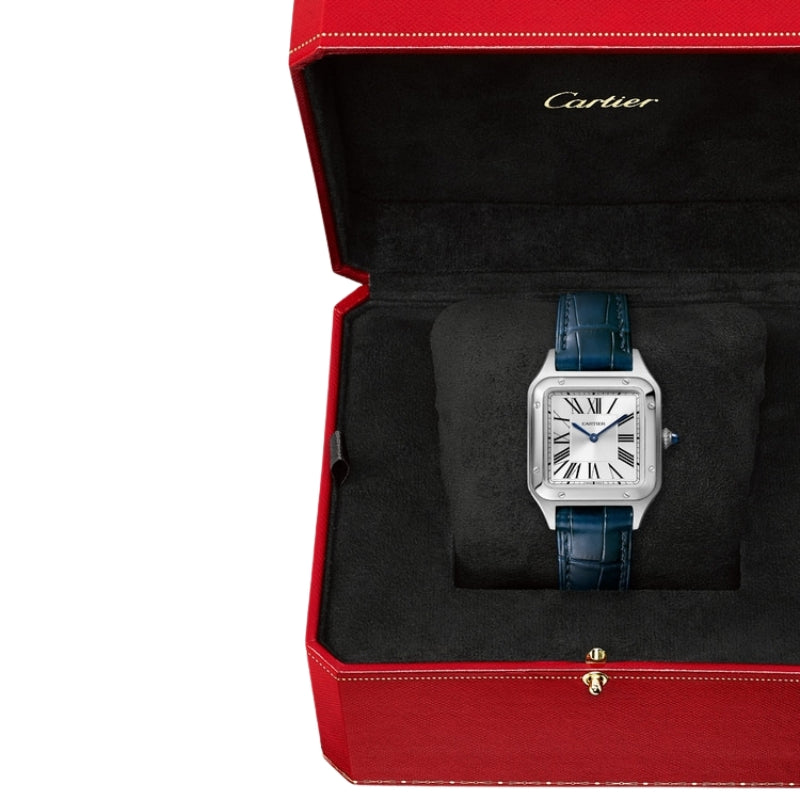 Cartier watch with blue leather strap in box.