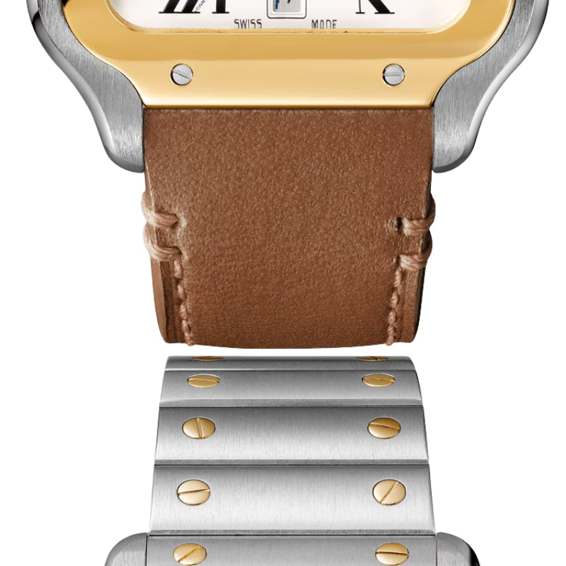 Close up of leather and metal watch straps.