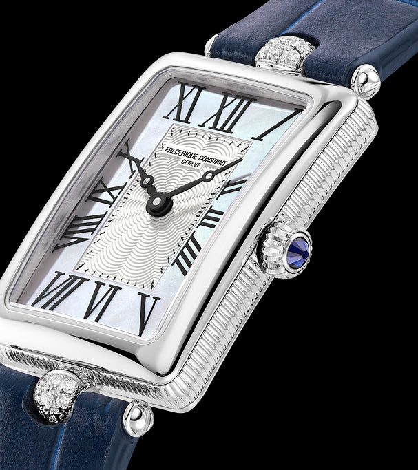 Frederique Constant Classics Art Deco Carree White Mother of Pearl 28mm FC0200MPW2AC2D6 dial side view closeup
