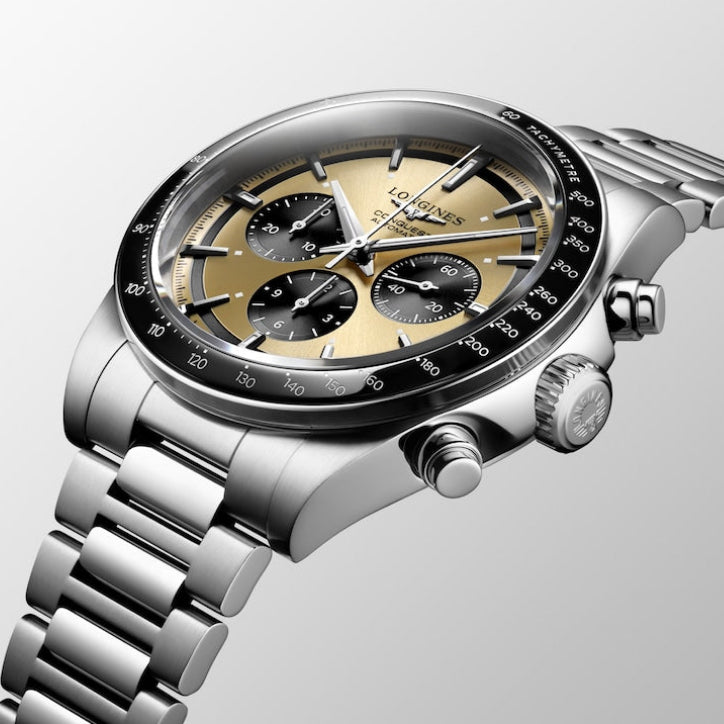 Longines Conquest Chronograph Sunray Brown 42mm L38354326 Angle Side View