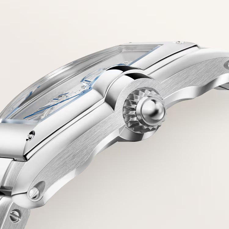 Close up angled side view of a brushed stainless steel watch.