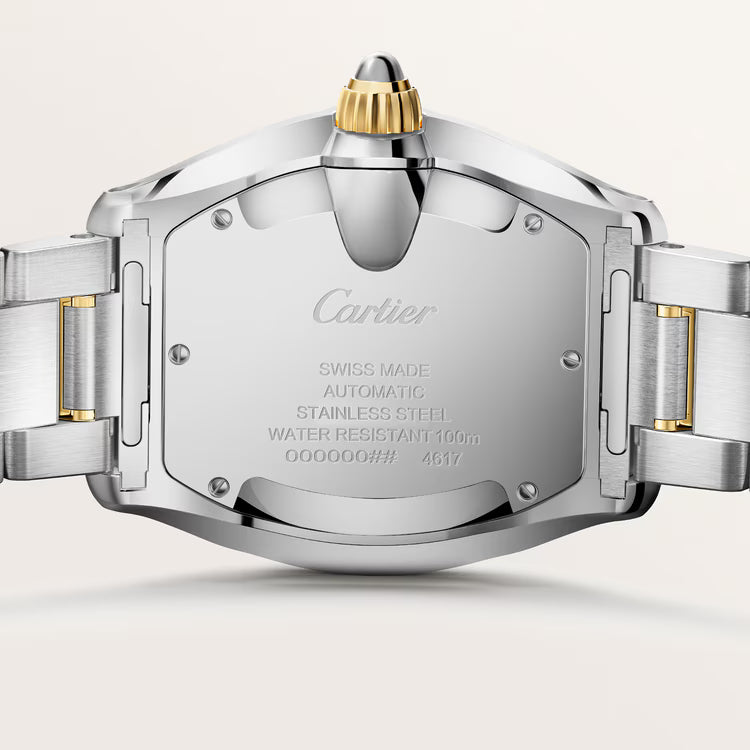 Polished stainless steel back plate showing Swiss automatic movement technical engravings.