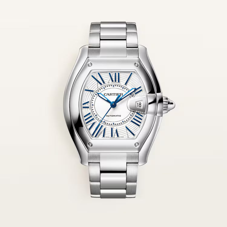 Top-down view of luxury watch with blue numerals and steel bracelet.