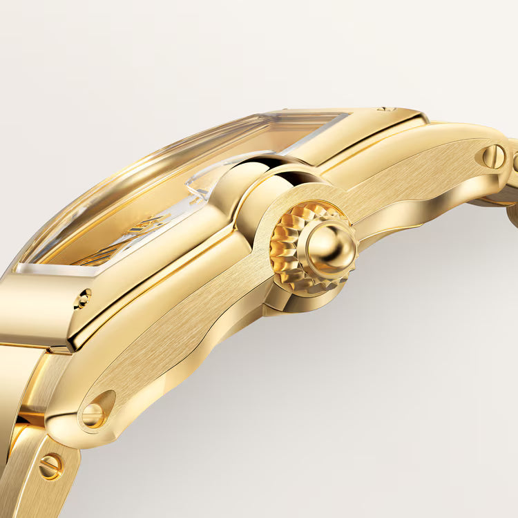Side view showing textured chronograph pushers and oversized fluted steel crown.