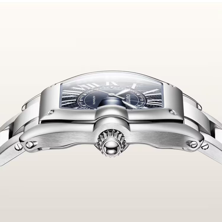 Side view of curved steel watch case with oversized fluted crown.