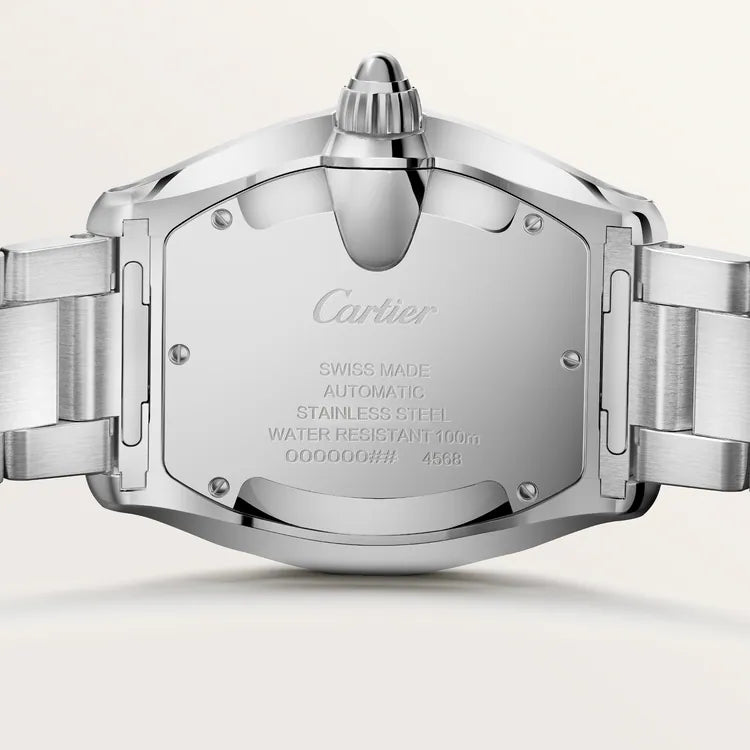 Brushed steel case back featuring official Cartier engravings and serial numbers.