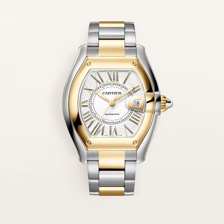 Two-tone luxury watch with white Roman dial and mixed metal bracelet.