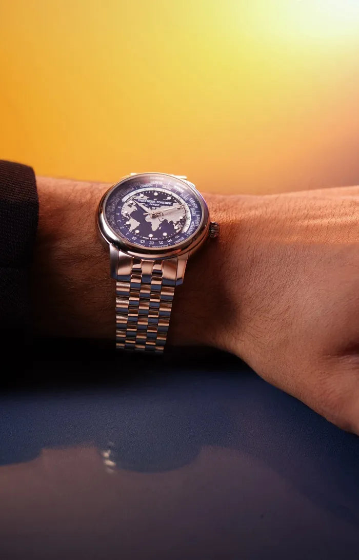 Frederique Constant Manufacture Classic Worldtimer Blue 40mm FC719NN3H6B model wrist shot