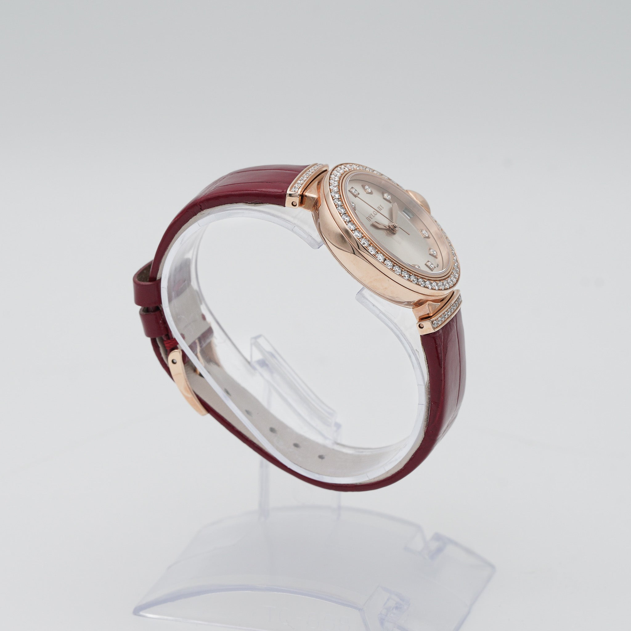 BVLGARI 102329 Bulgari Lvcea Automatic Diamond Rose Gold Red Strap 33mm Watch case side