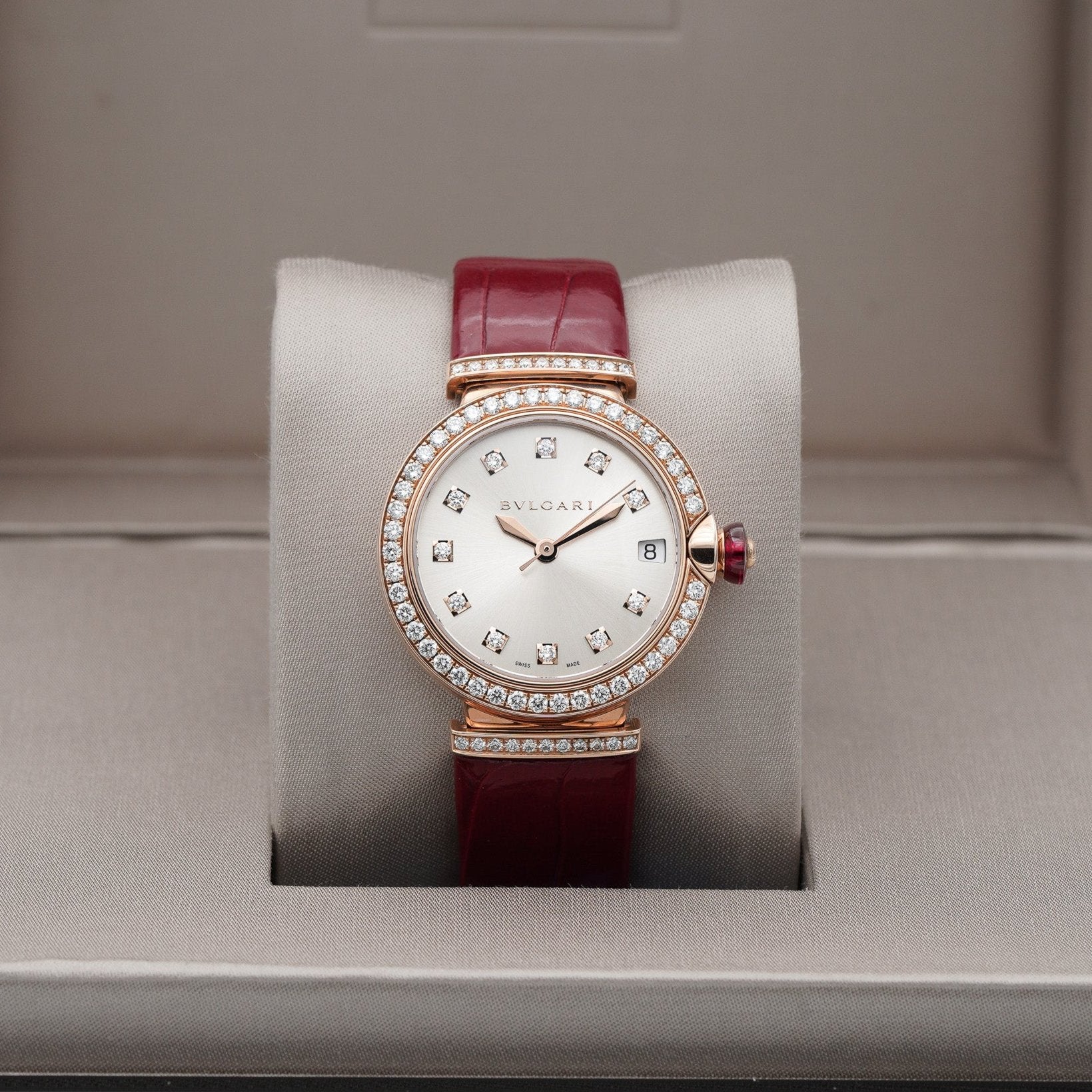 BVLGARI 102329 Bulgari Lvcea Automatic Diamond Rose Gold Red Strap 33mm Watch dial