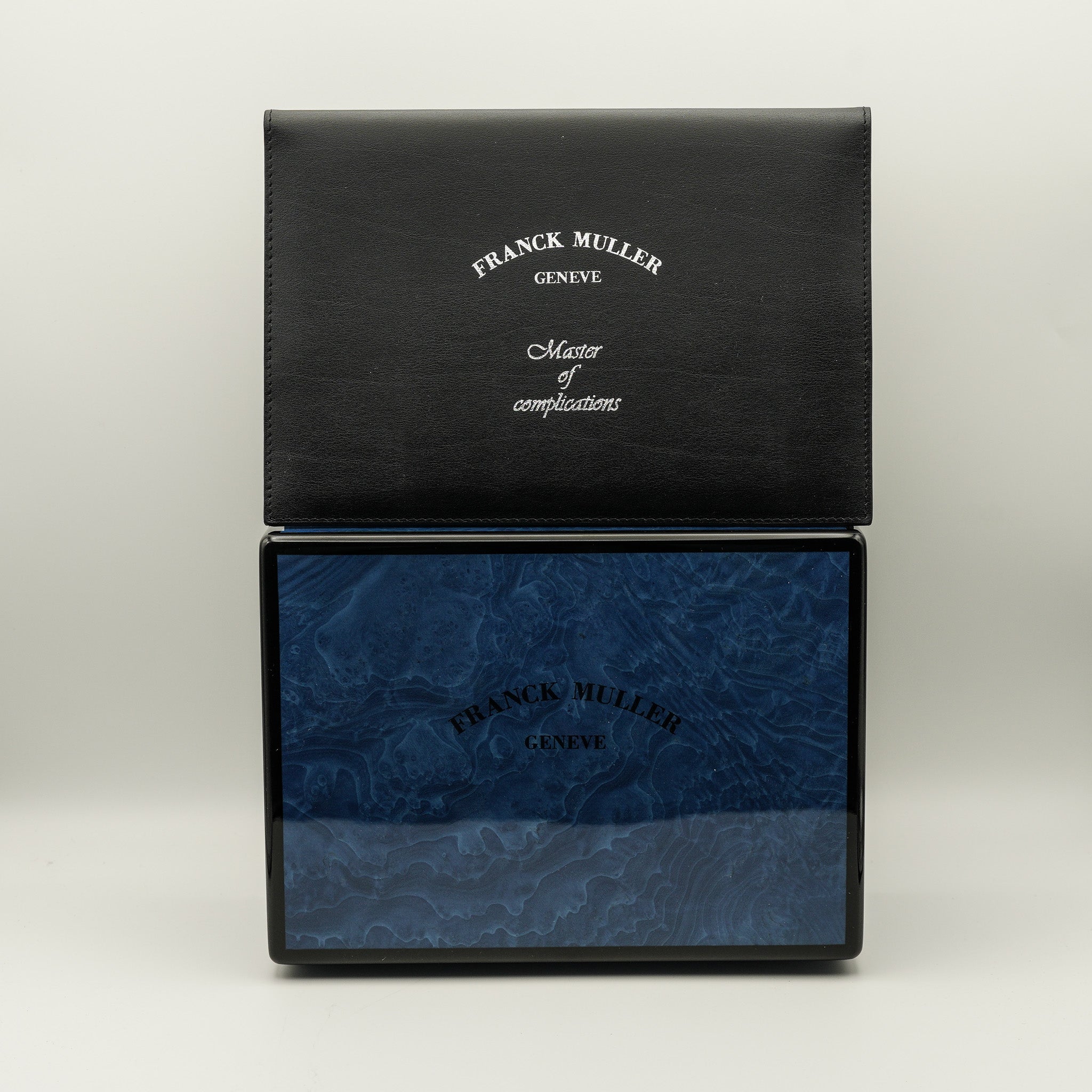 Franck Muller blue lacquered mens watchbox and documents