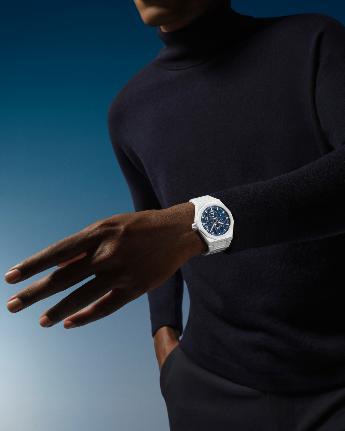 Zenith Defy Skyline Skeleton White Ceramic 49.9301.3620/79.I001 model shot man