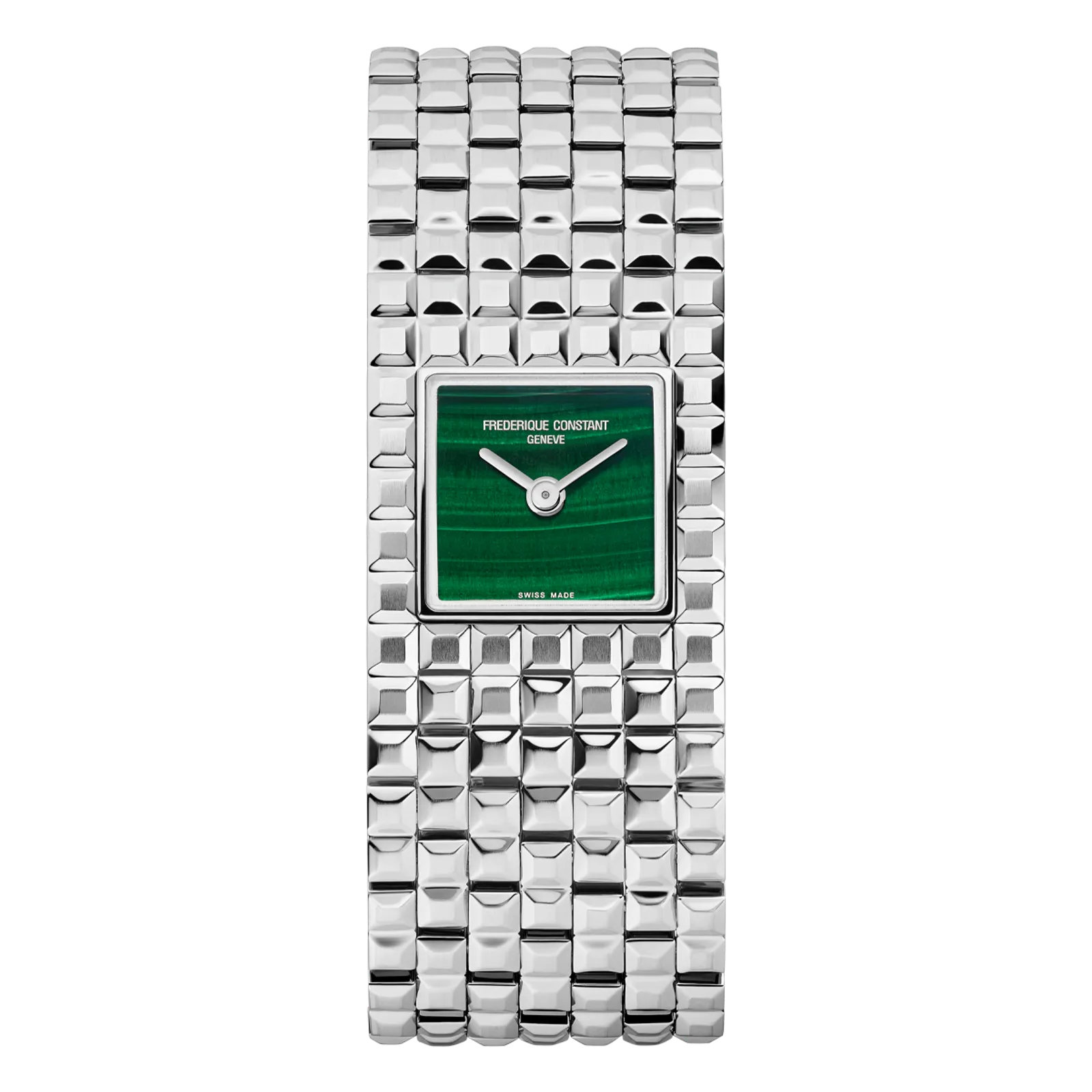 Delicate square silver watch featuring a vibrant emerald green dial and an extra-wide, five-link polished stainless steel bracelet.
