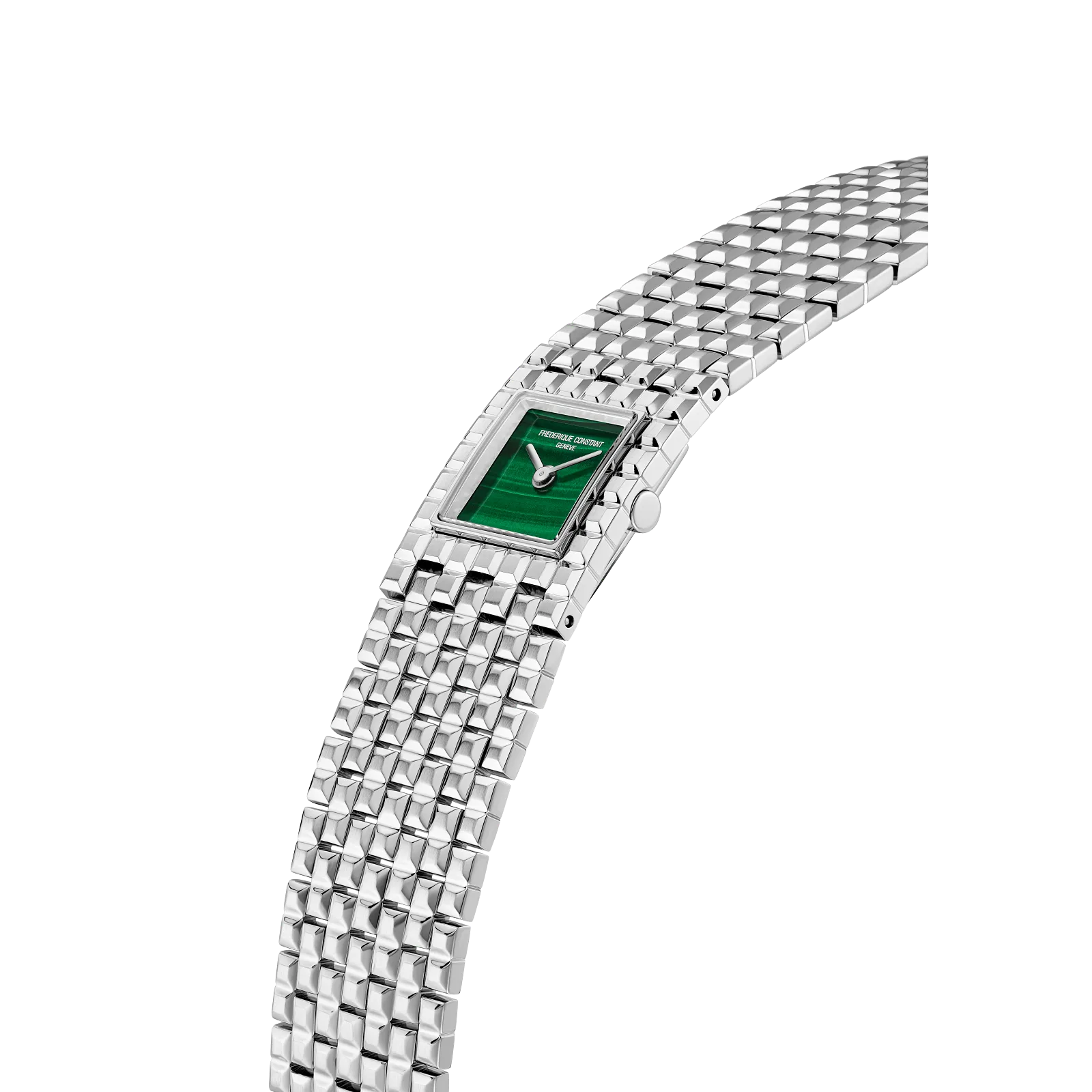 Profile shot showcasing the slim square case and the jewelry-style texture of the multi-link silver bracelet.