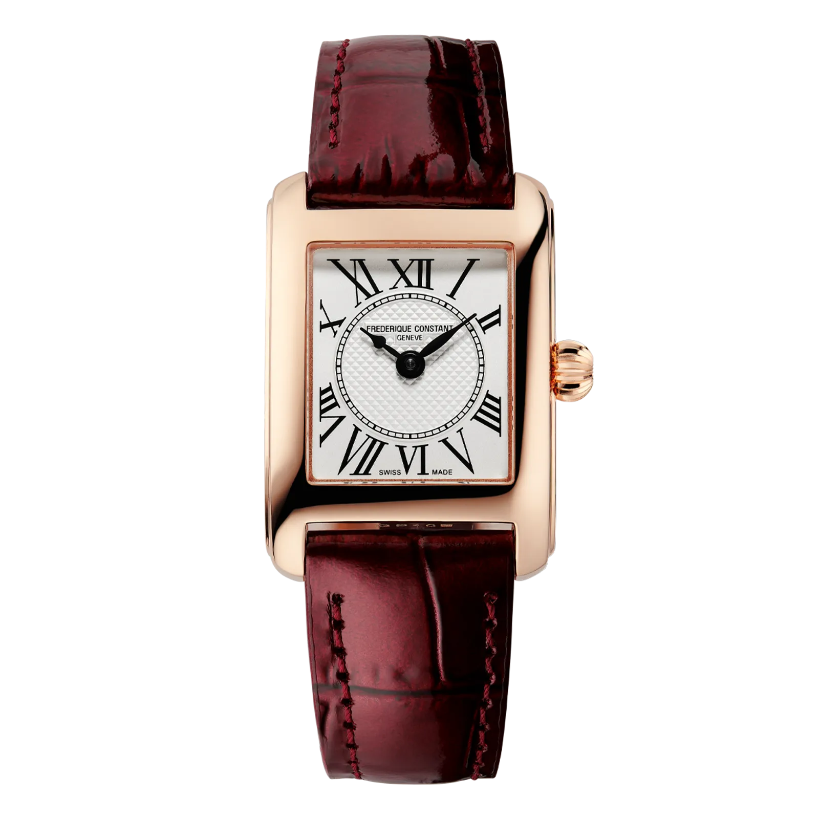 Luxury rose gold women's tank watch with a rectangular white face, Roman numeral markers, and a premium burgundy crocodile-embossed leather strap.