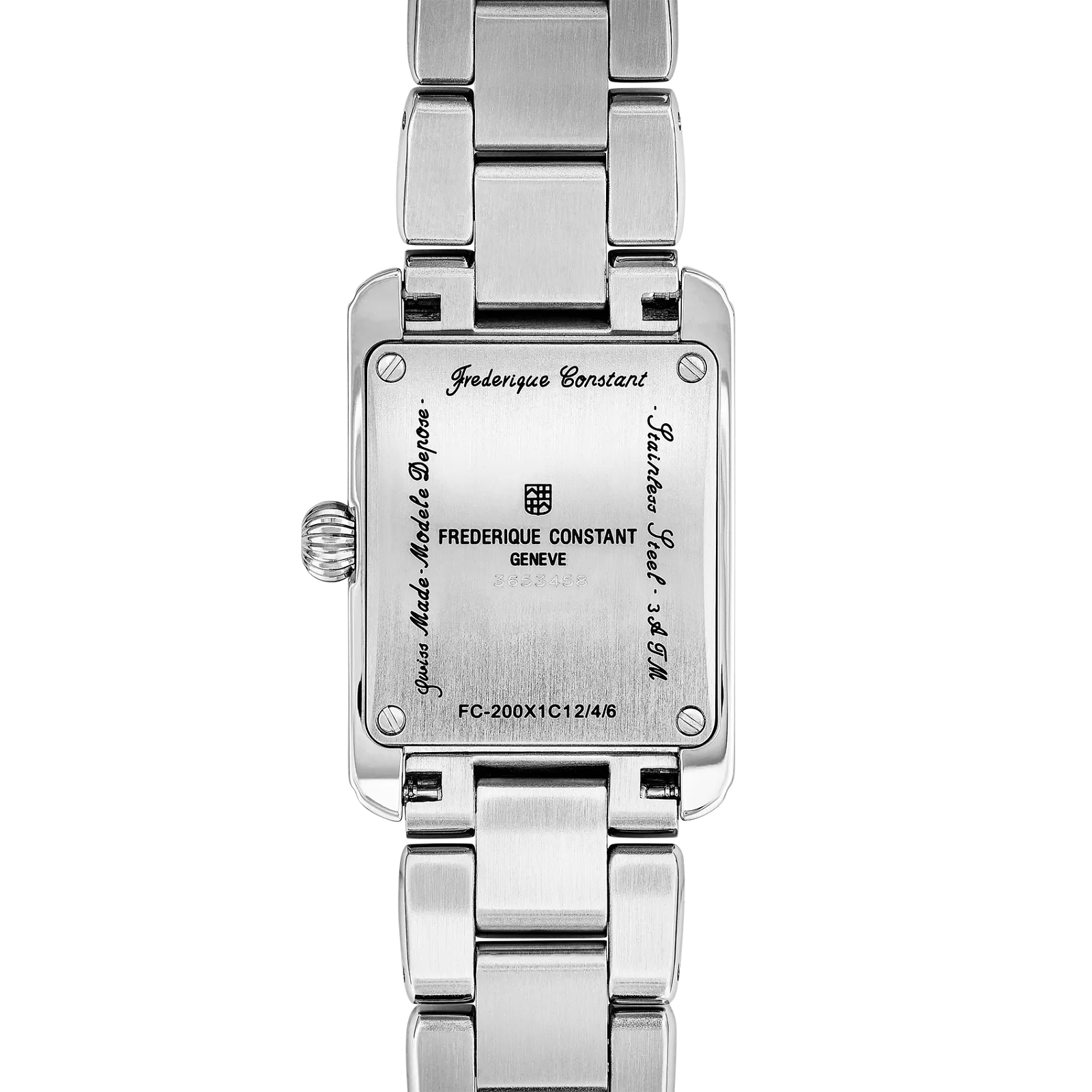 Close-up of a silver rectangular watch dial with elegant Roman numerals and a high-shine metallic bezel.