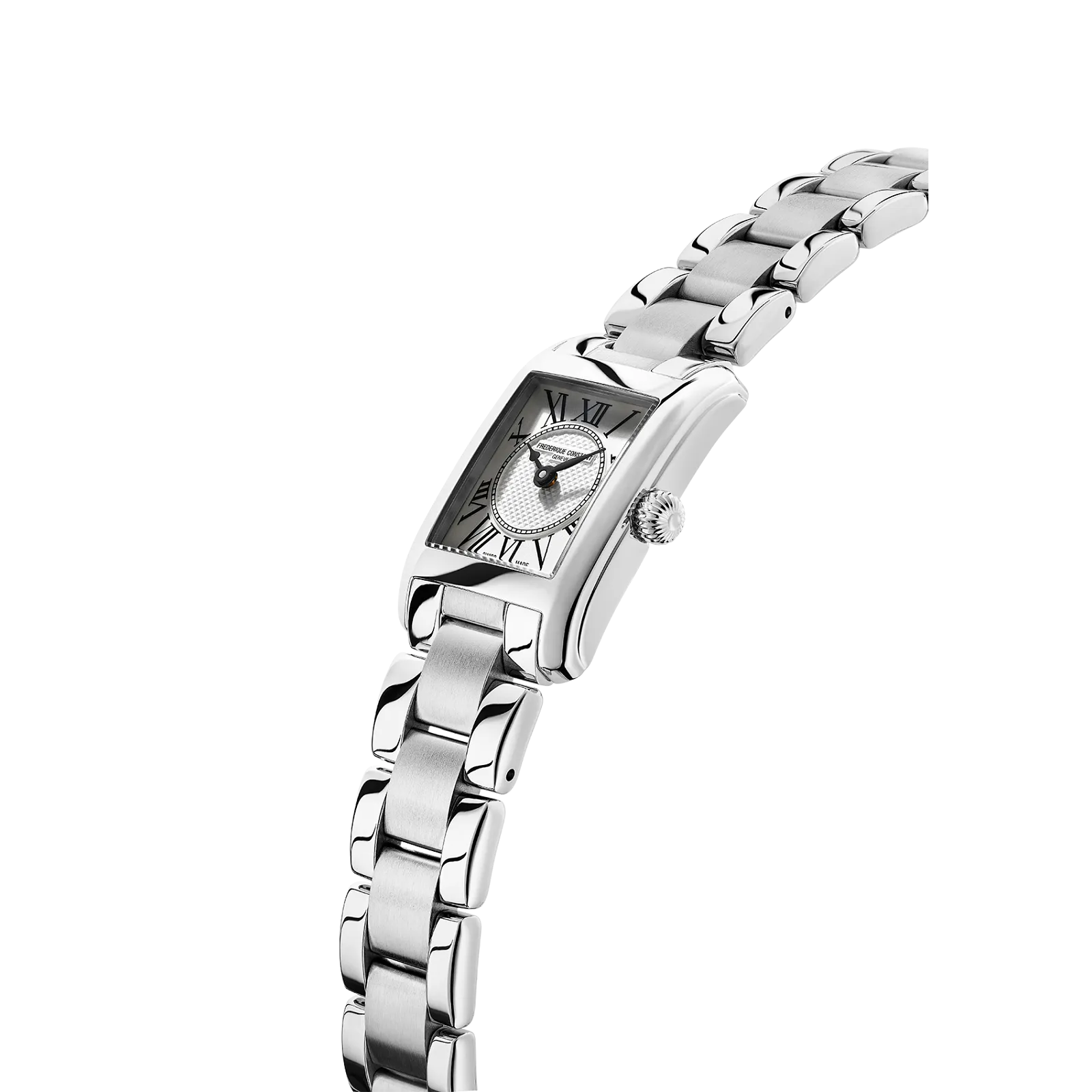 Side view of a slim silver dress watch showcasing the curved profile and polished link band construction.