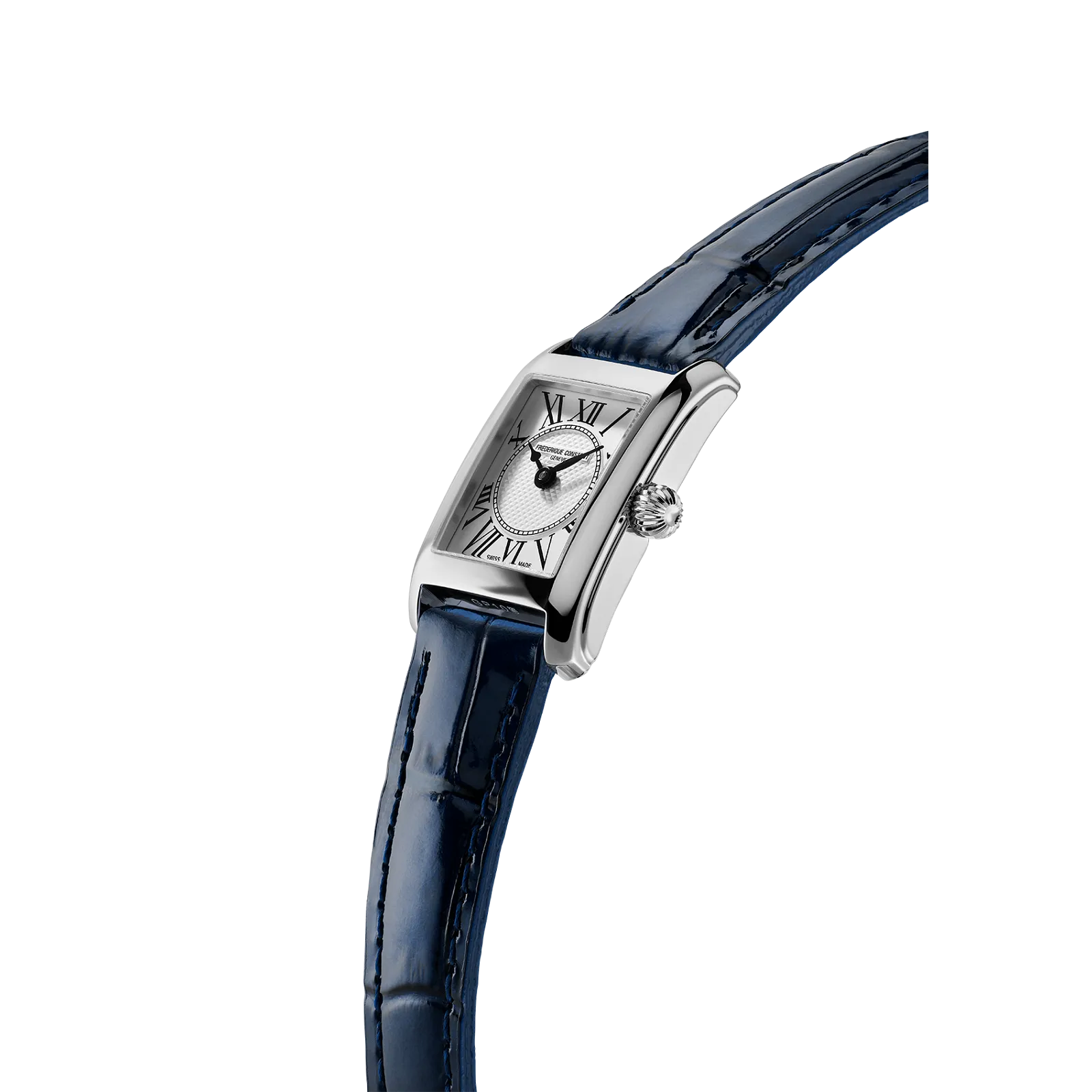 Side angle of a slim silver dress watch highlighting the elegant curved rectangular case and navy leather strap.