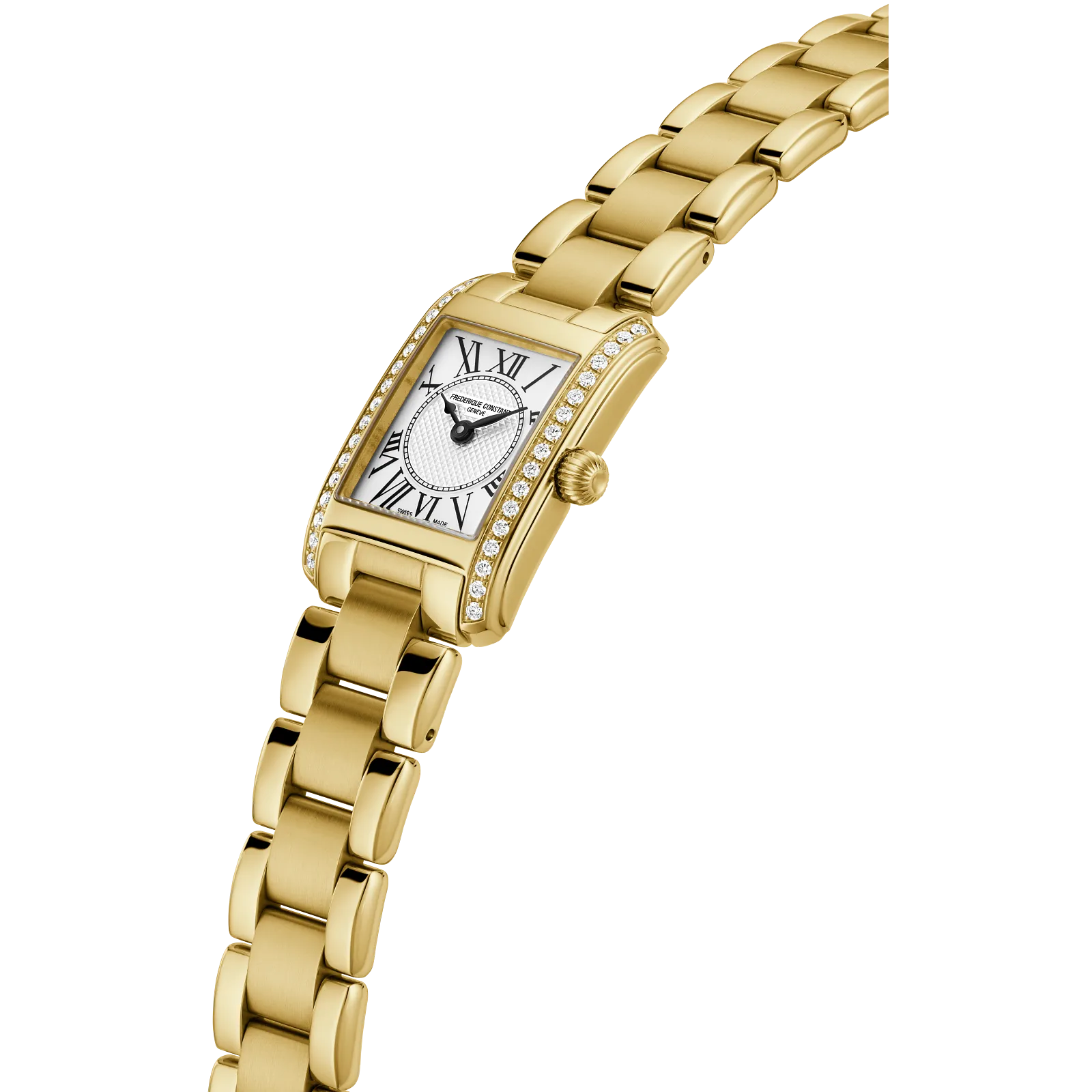 Side angle of a slim gold dress watch highlighting the polished link band and the decorative crown detail.