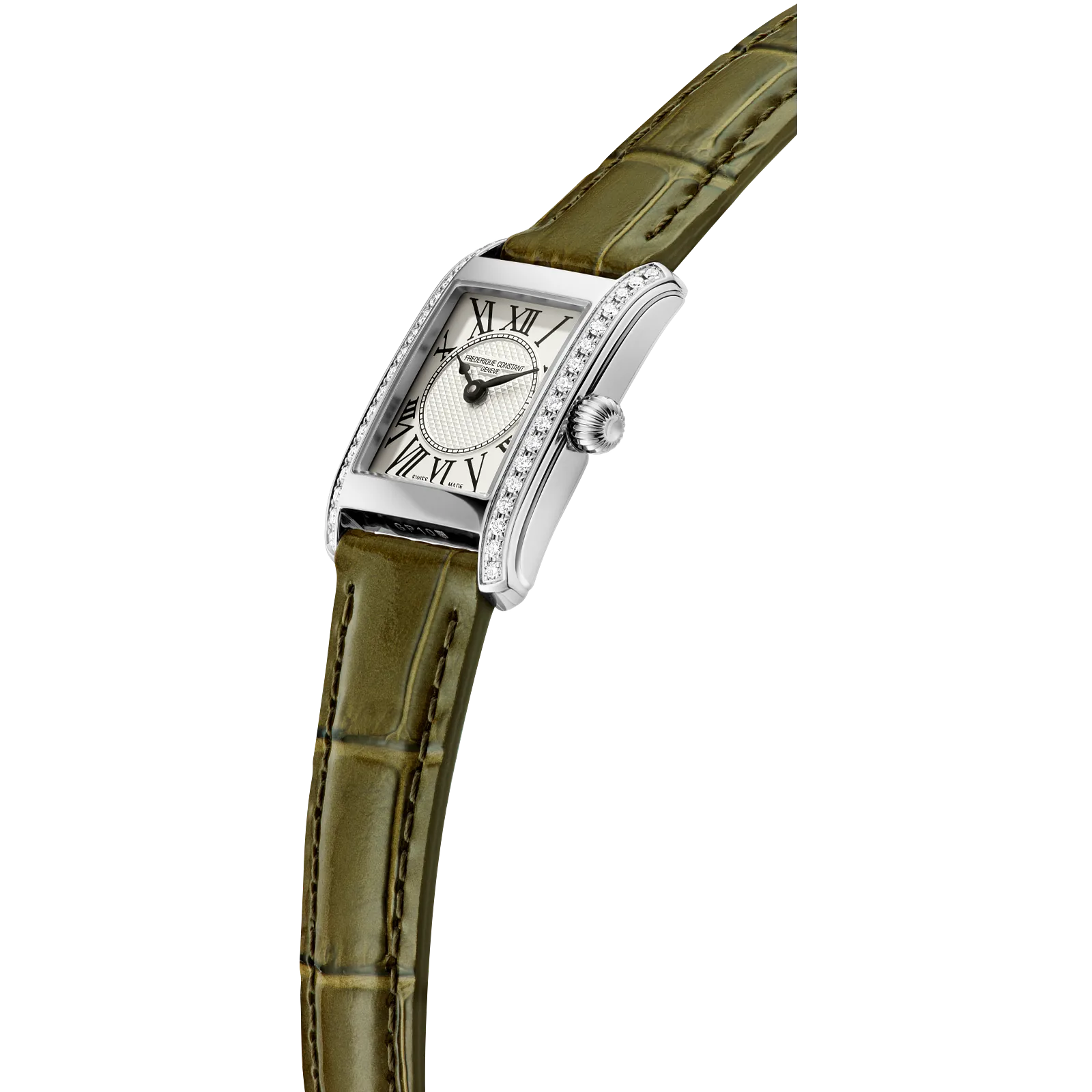 Side profile of a polished silver rectangular watch highlighting the textured green leather strap.
