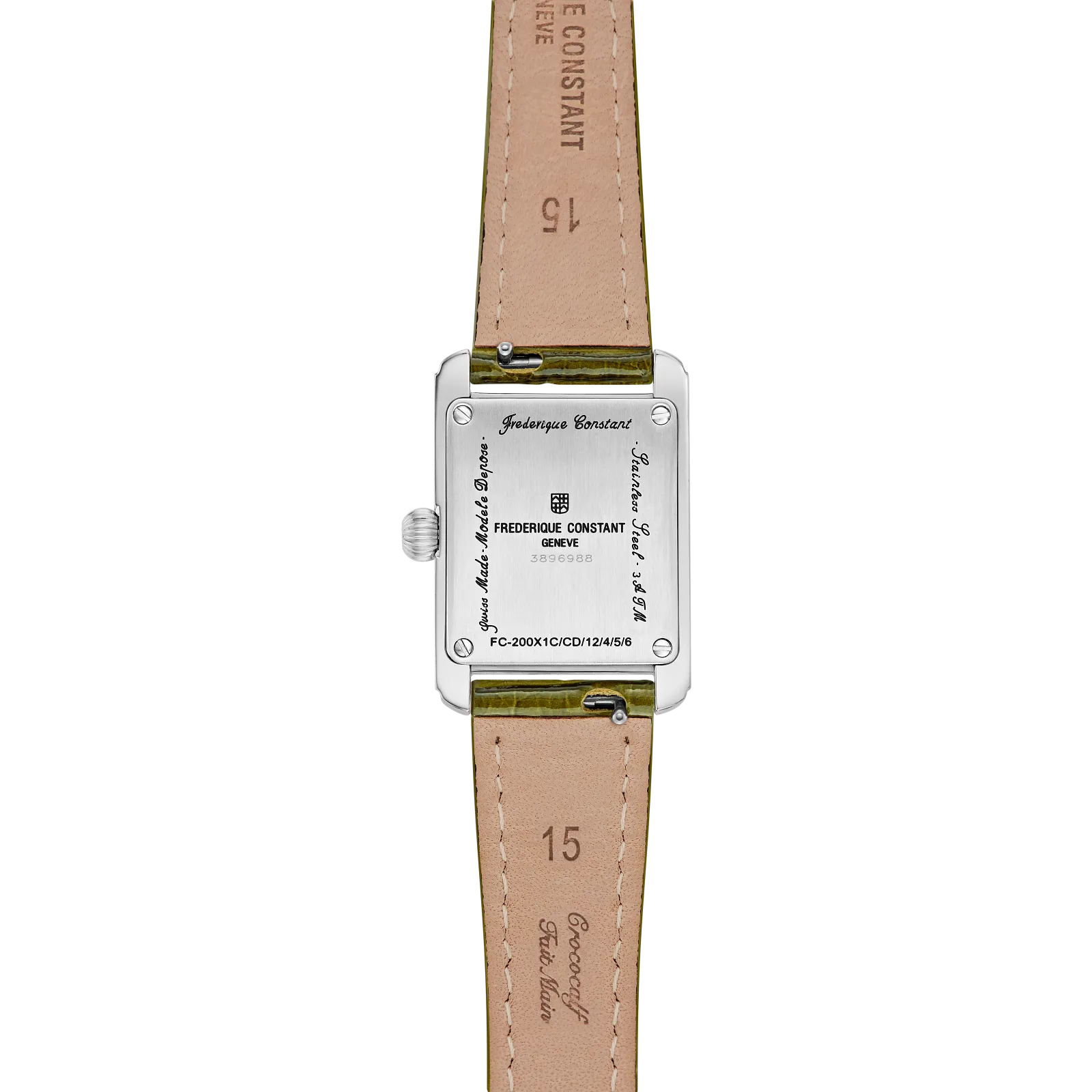 Front view of a sleek silver timepiece with a slim olive green embossed leather strap.