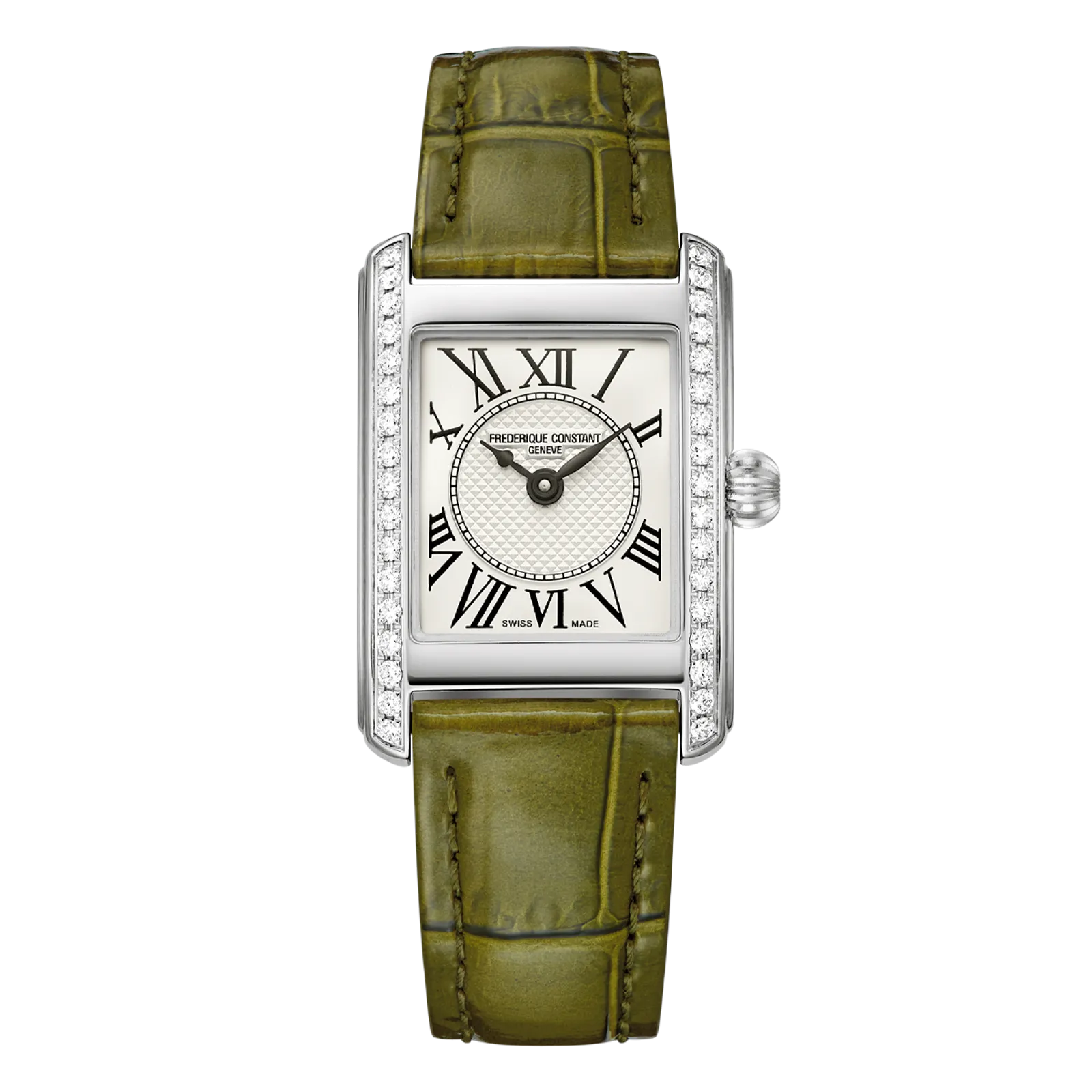 Luxury silver rectangular watch with white Roman numeral dial and olive green crocodile leather strap.
