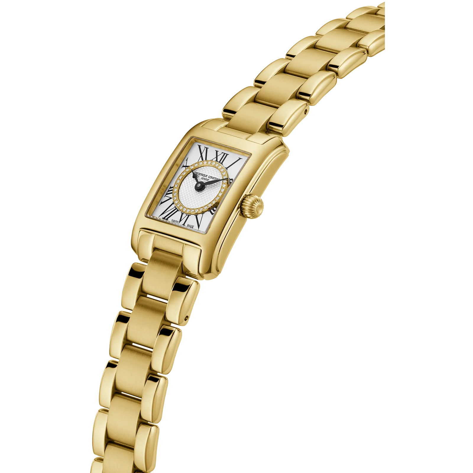 Side profile of a gold dress watch featuring a polished three-link bracelet and a slim rectangular case design.