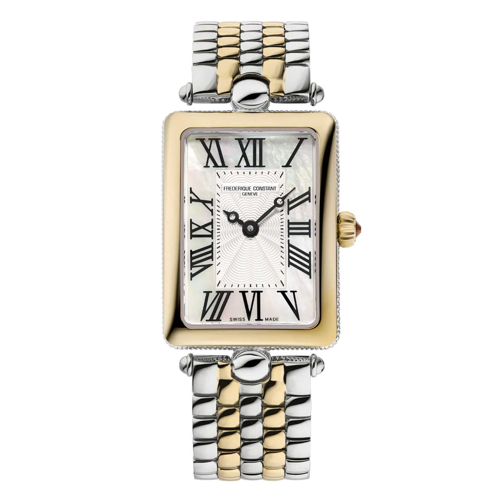 Luxury two-tone women's tank watch featuring a gold-framed rectangular mother-of-pearl dial, black Roman numerals, and a mixed silver and gold multi-link bracelet.