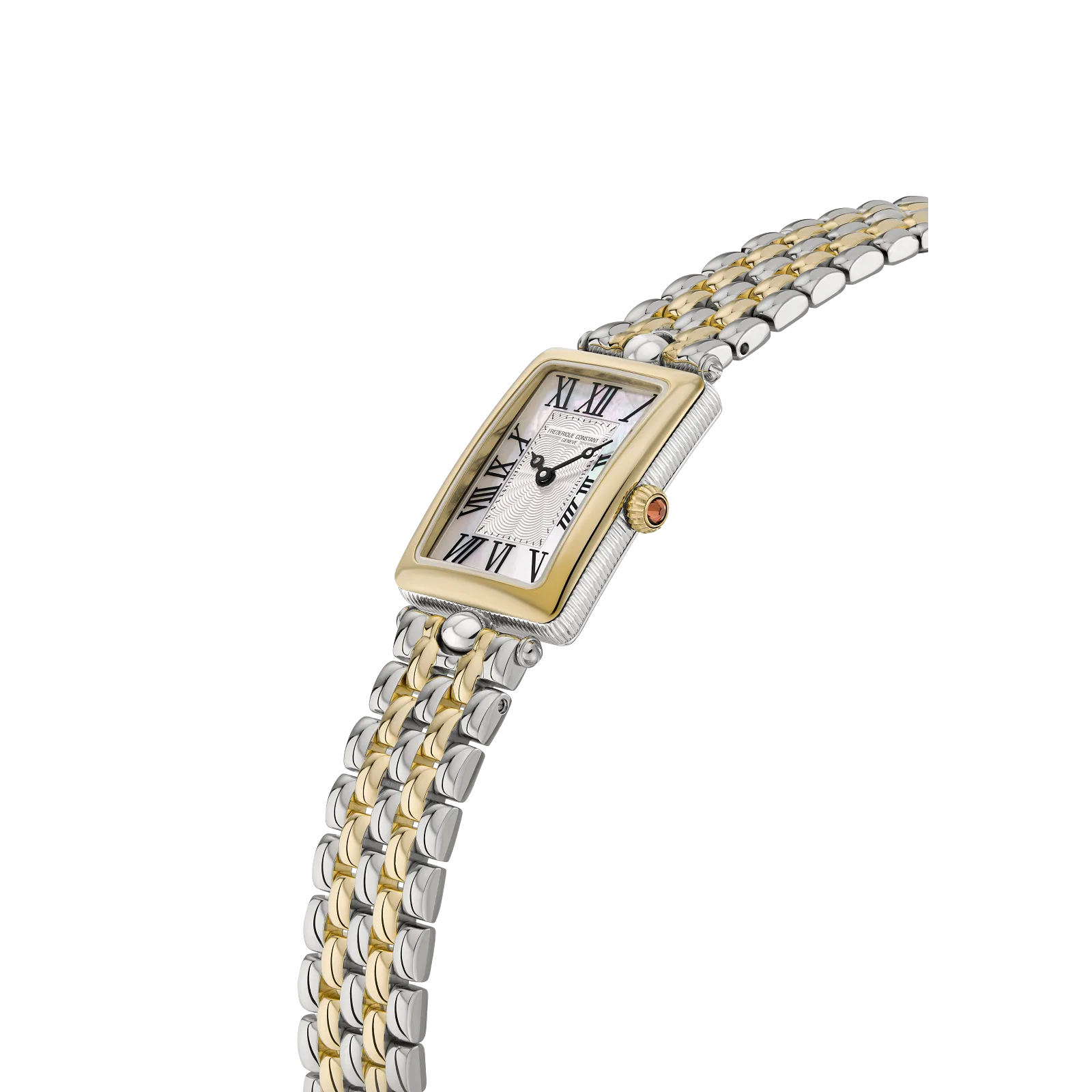 Side angle of a slim two-tone dress watch highlighting the gold bezel, red cabochon crown detail, and mixed-metal T-bar bracelet.