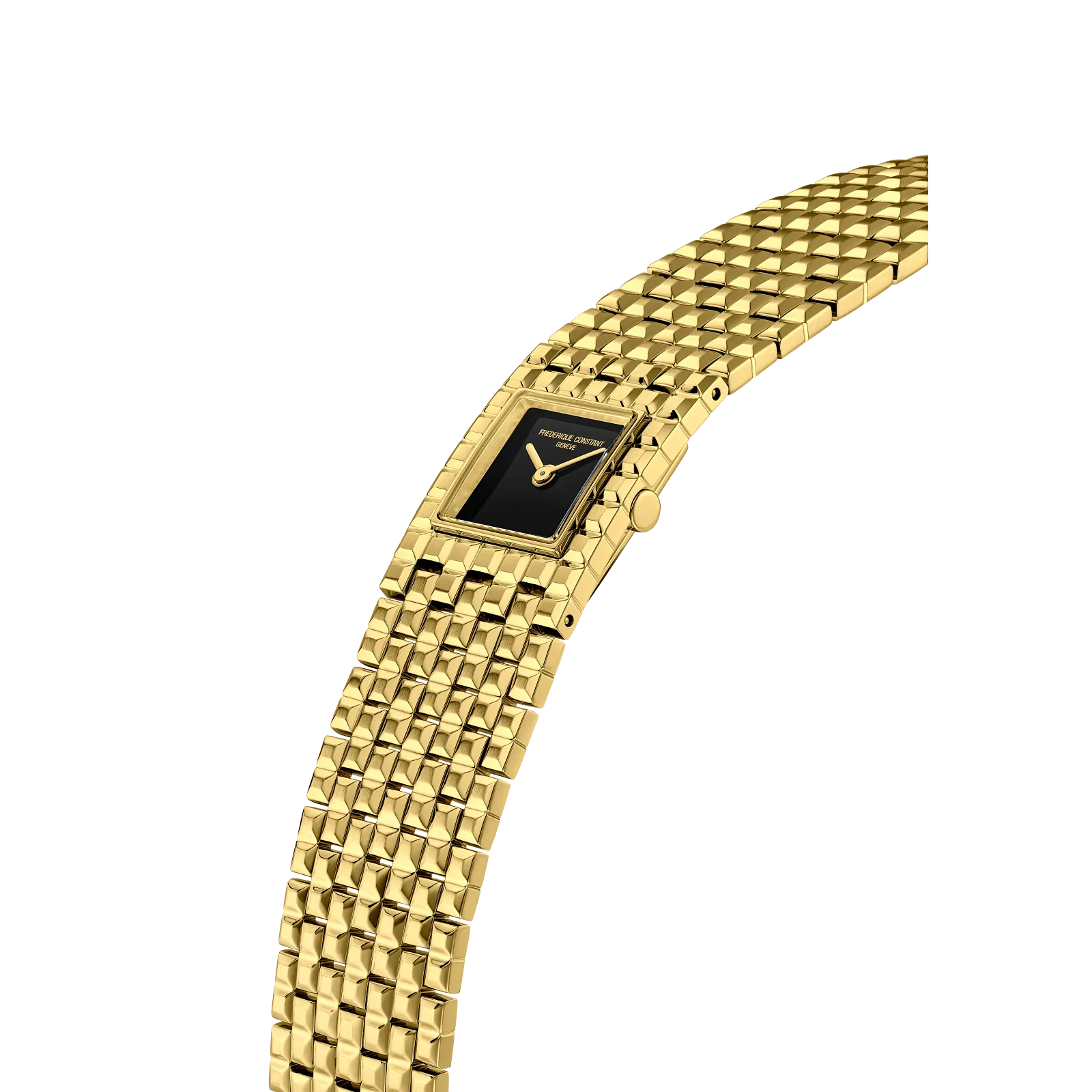 Side view of a slim gold designer watch showcasing the curved link bracelet and elegant polished gold finish.